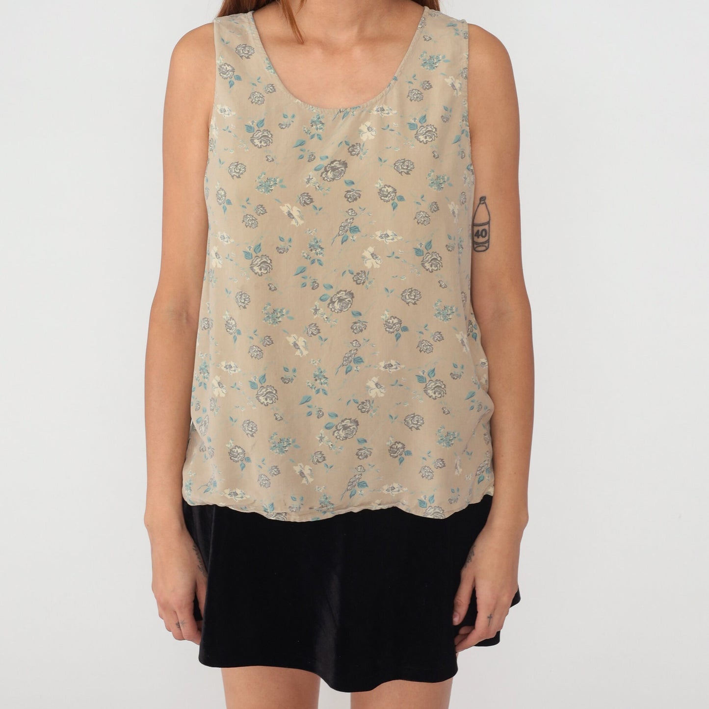 90s Silk Floral Tank Top Tan Rose Print Sleeveless Blouse Large L