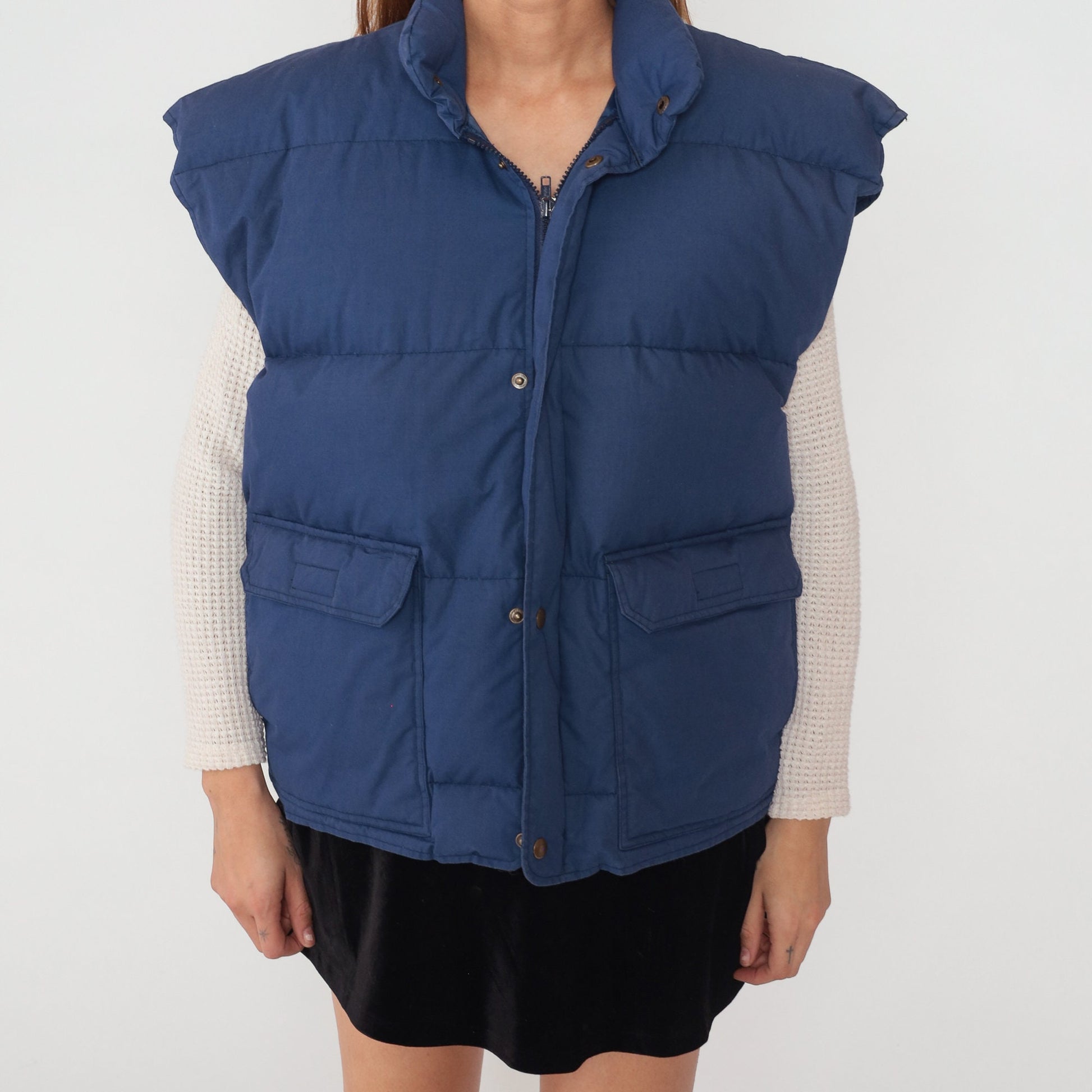 90s Navy Blue Down Puffer Vest Sleeveless Zip Snap Jacket Large L