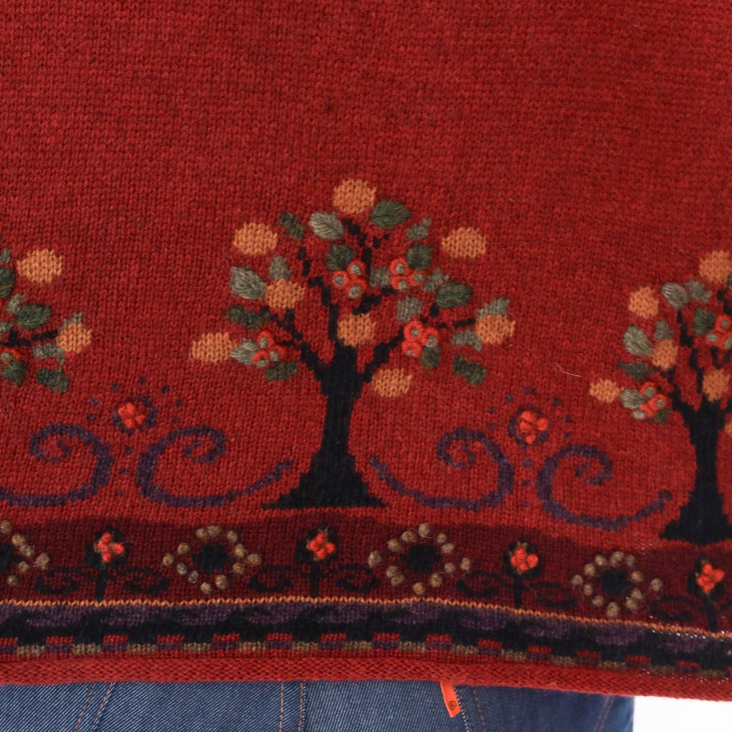 Y2K Icelandic Wool Sweater Quarter Zip Tree Print Red Medium
