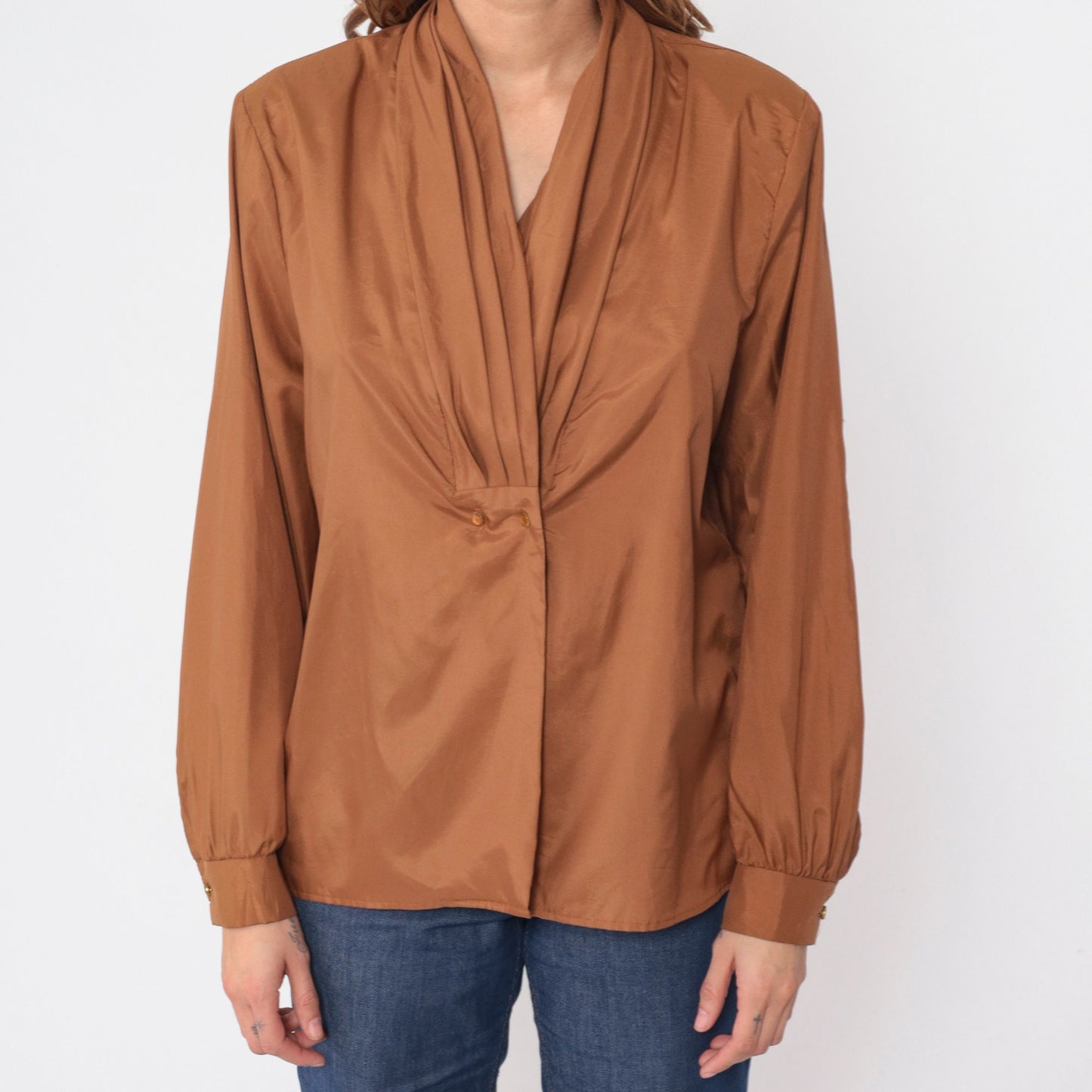 80s Brown Puff Sleeve Blouse Double Breasted Button Up Pleated Shirt Large