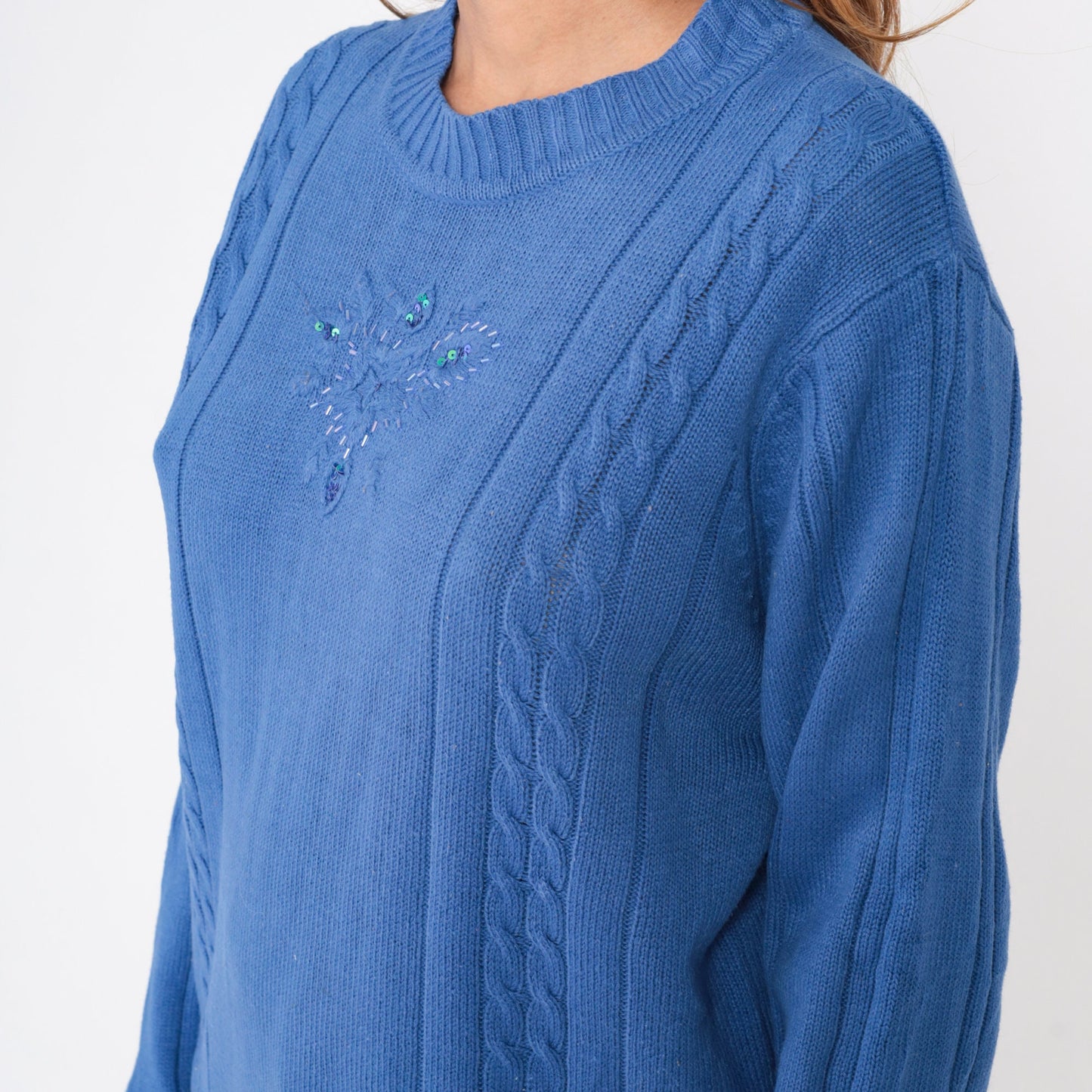 80s Blue Cable Knit Sweater Beaded Floral Design Pullover Large L