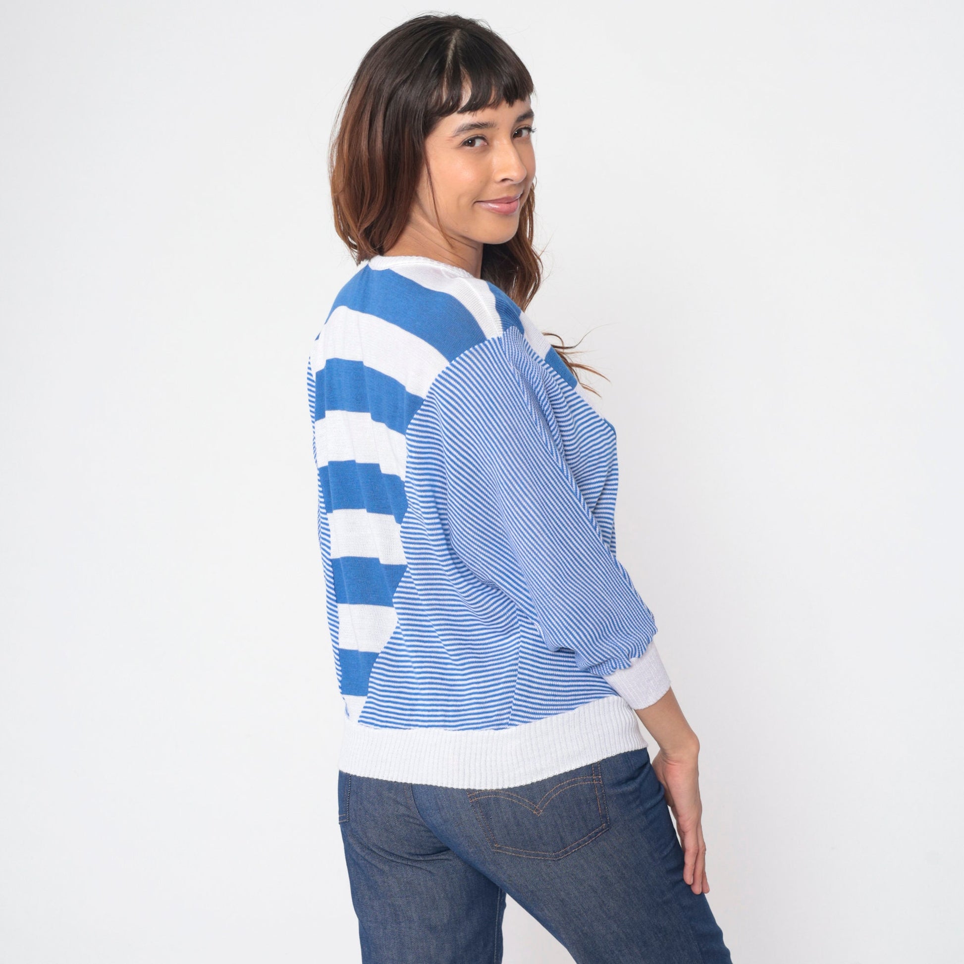 80s Blue White Striped Dolman Sweater Knit Pullover 3/4 Batwing Sleeve Medium M