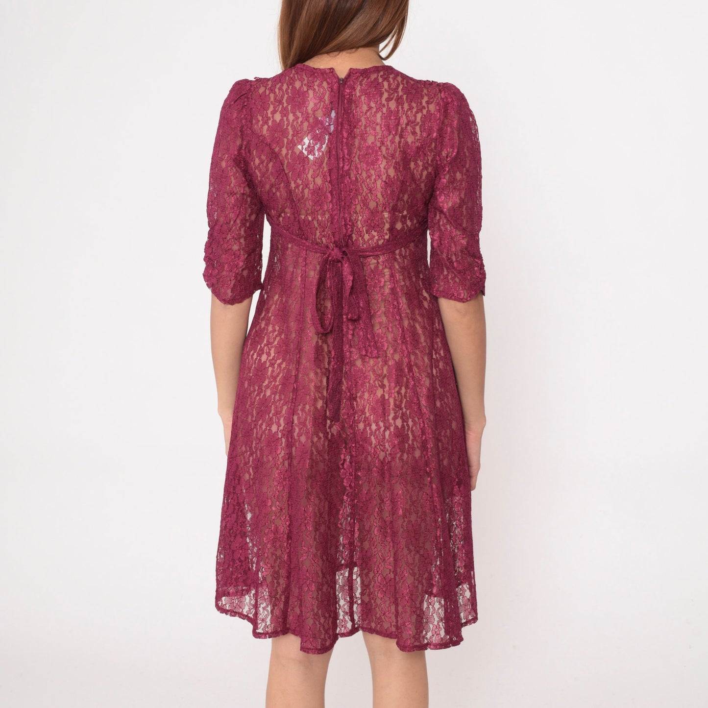90s Raspberry Lace Dress Chelsea Collar Puff Sleeve Knee Length Extra Small