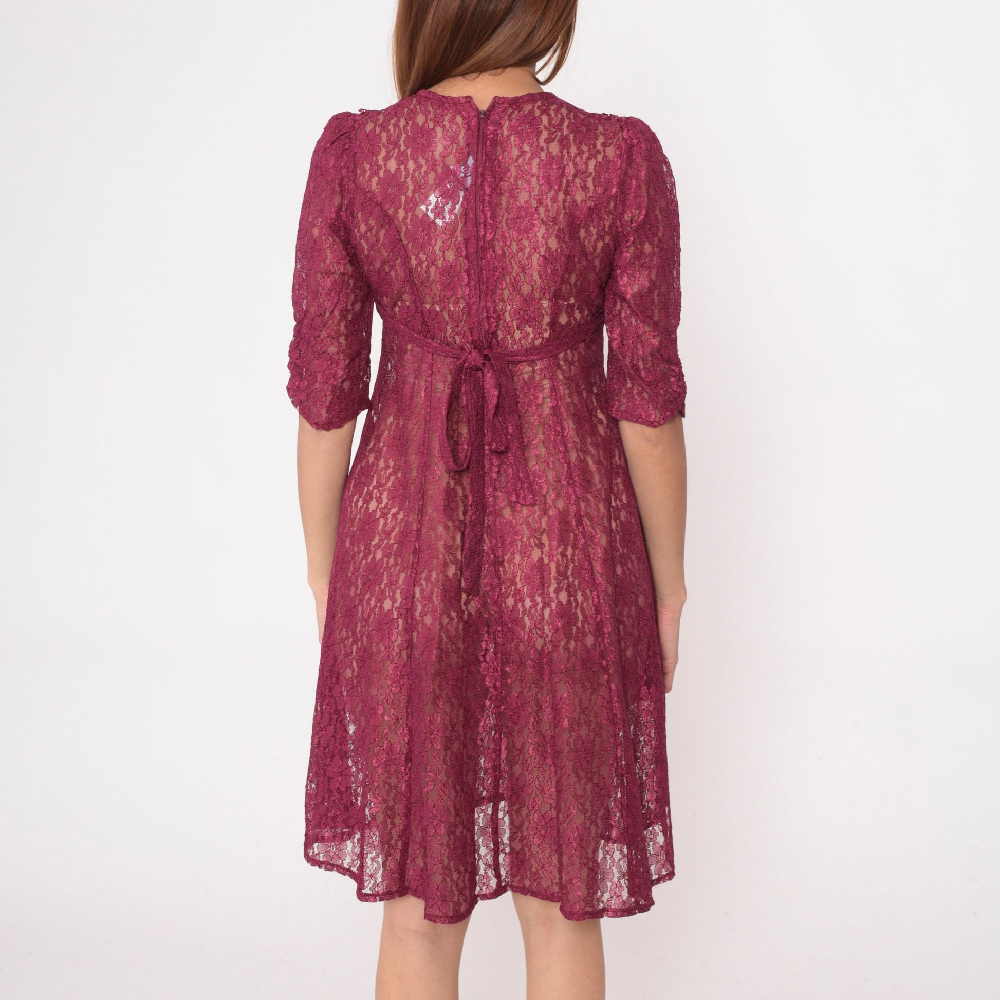 90s Raspberry Lace Dress Chelsea Collar Puff Sleeve Knee Length Extra Small