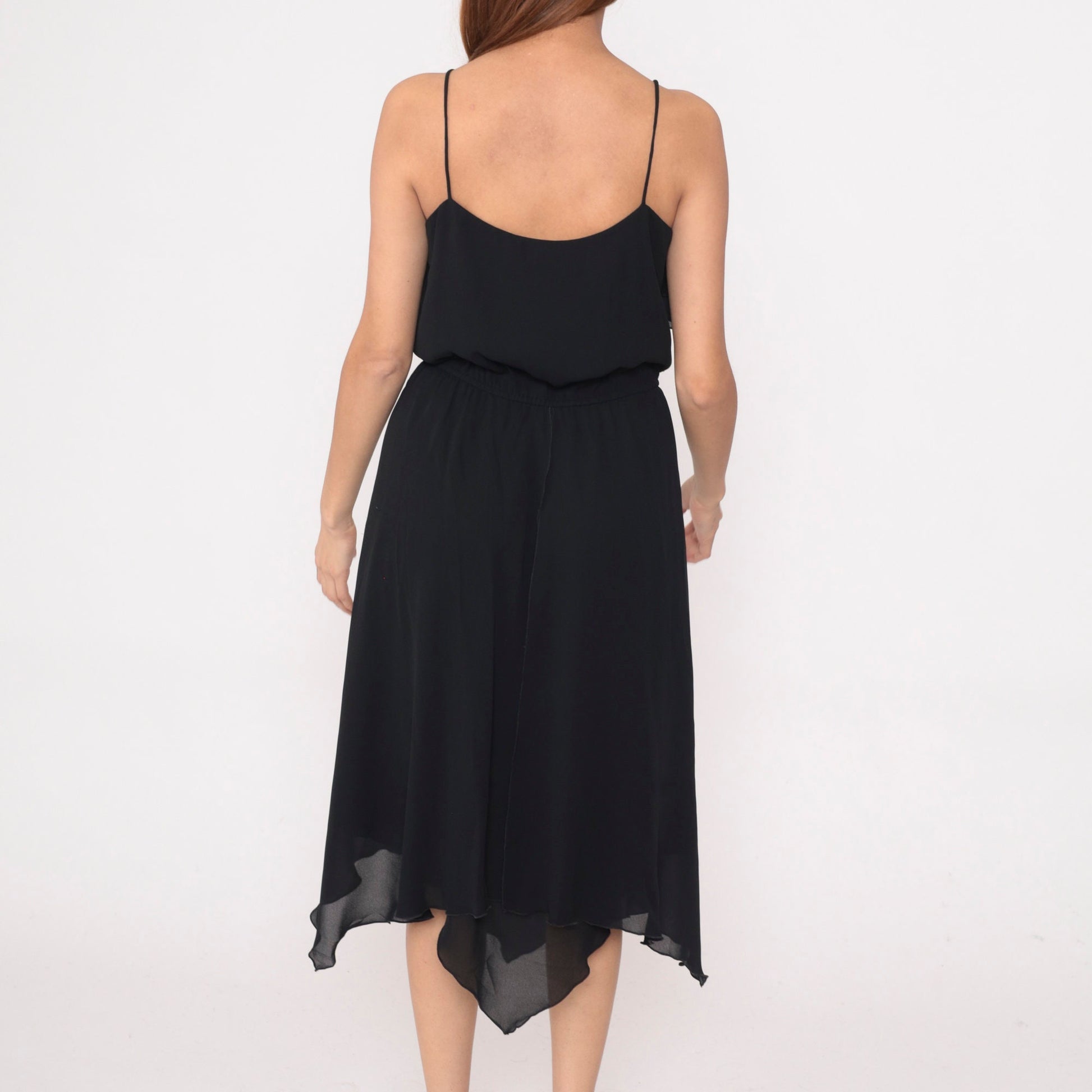 1970s Black Saks Fifth Avenue Midi Dress Ruffled Neckline Spaghetti Strap Small
