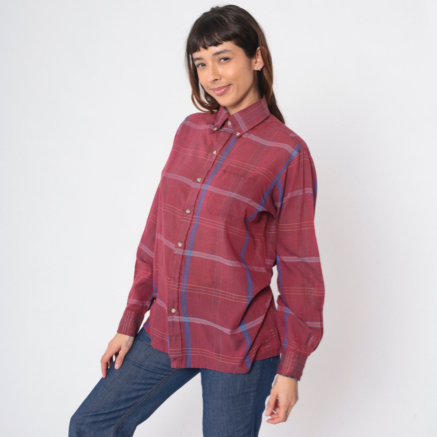 80s Arrow Burgundy Plaid Button-Up Shirt Long Sleeve Collared Medium