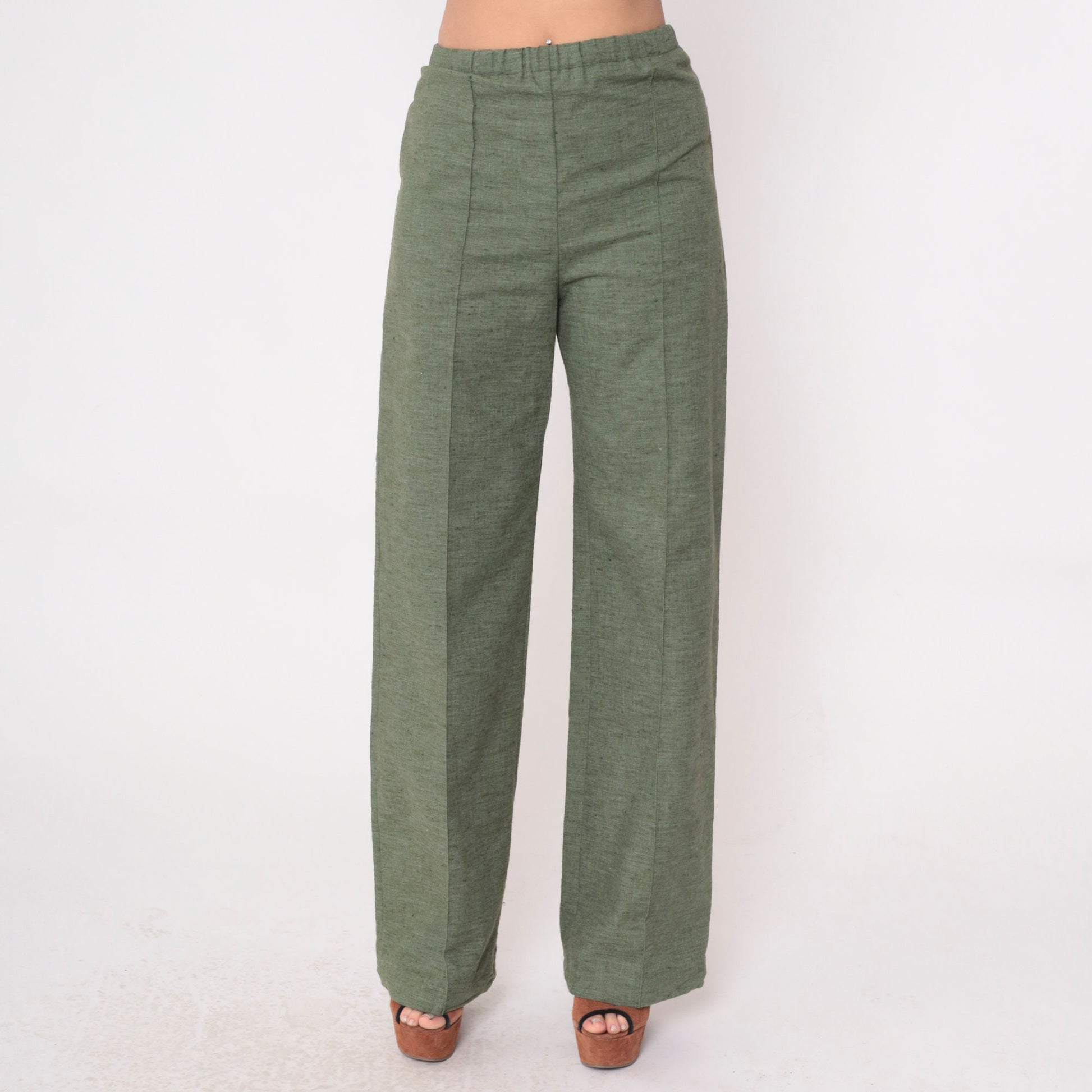 70s Wide Leg Trousers Heathered Green High Waist Creased Medium