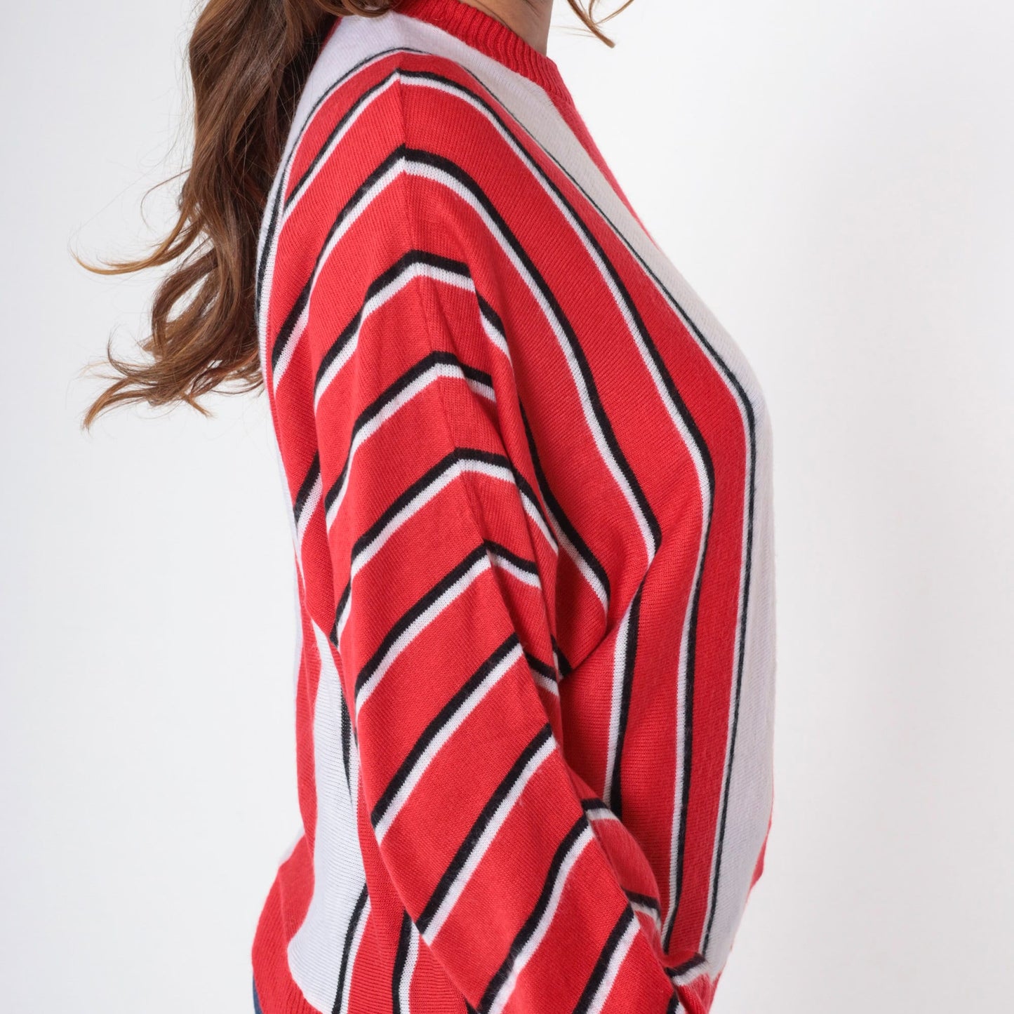 80s Striped Dolman Sleeve Knit Sweater Red White Black Crewneck Medium