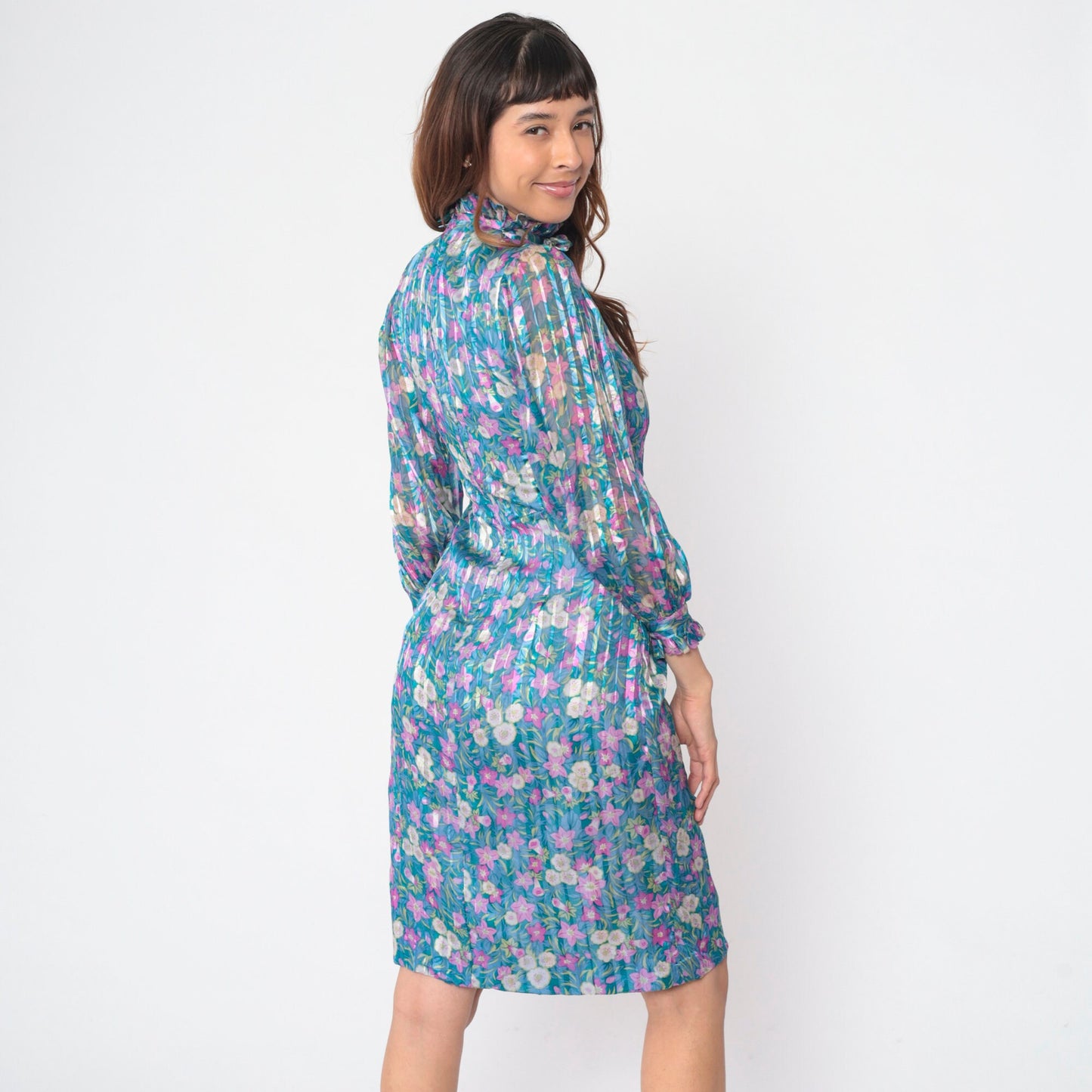 70s Blue Floral Silk Dress Long Sleeve Mock Neck Ruffle Knee Length Small S