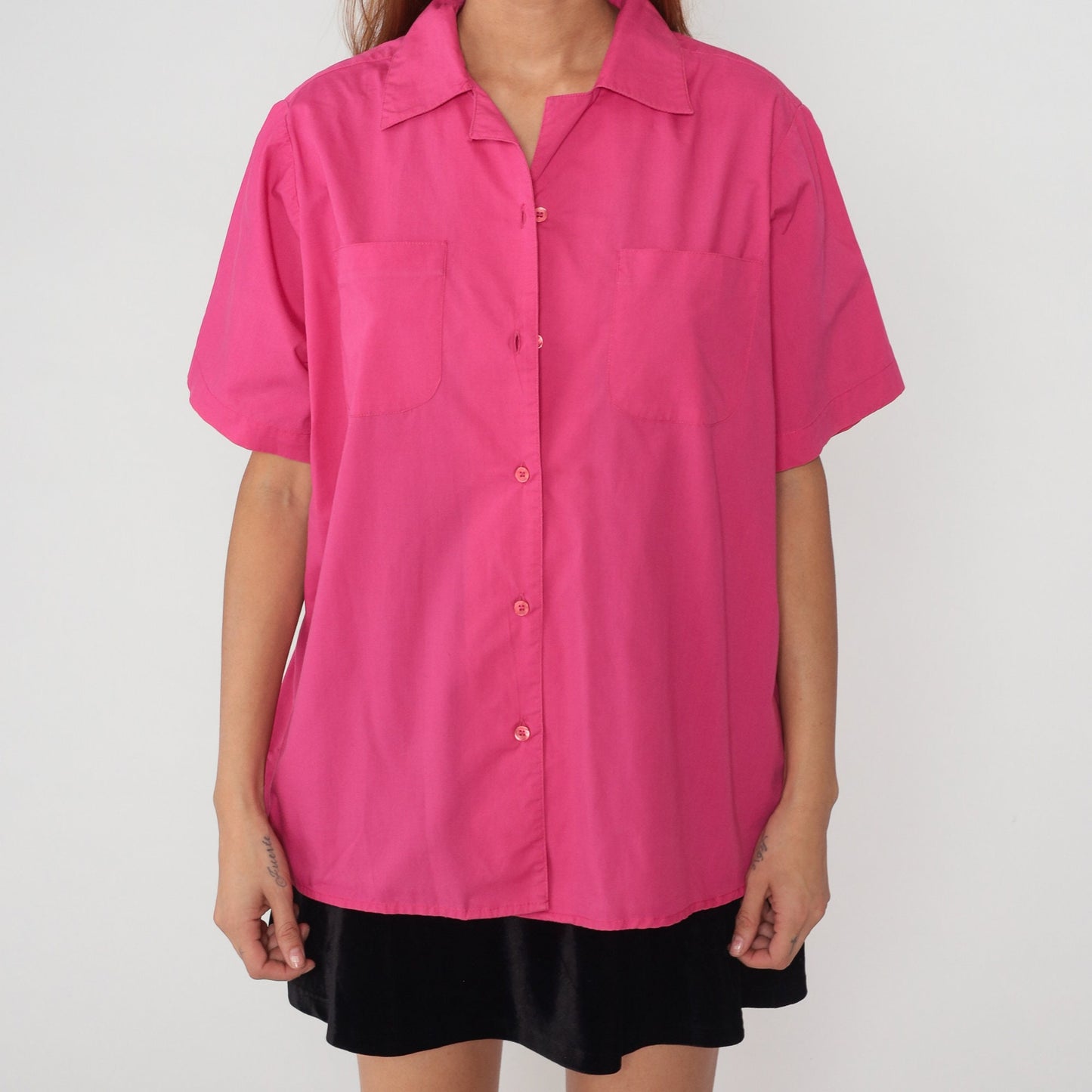 80s Pink Button-Up Blouse Short Sleeve Collared Shirt Cotton Blend Extra Large