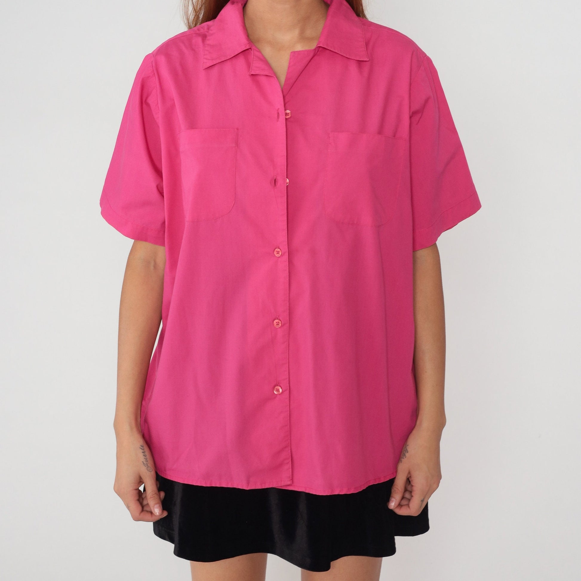 80s Pink Button-Up Blouse Short Sleeve Collared Shirt Cotton Blend Extra Large