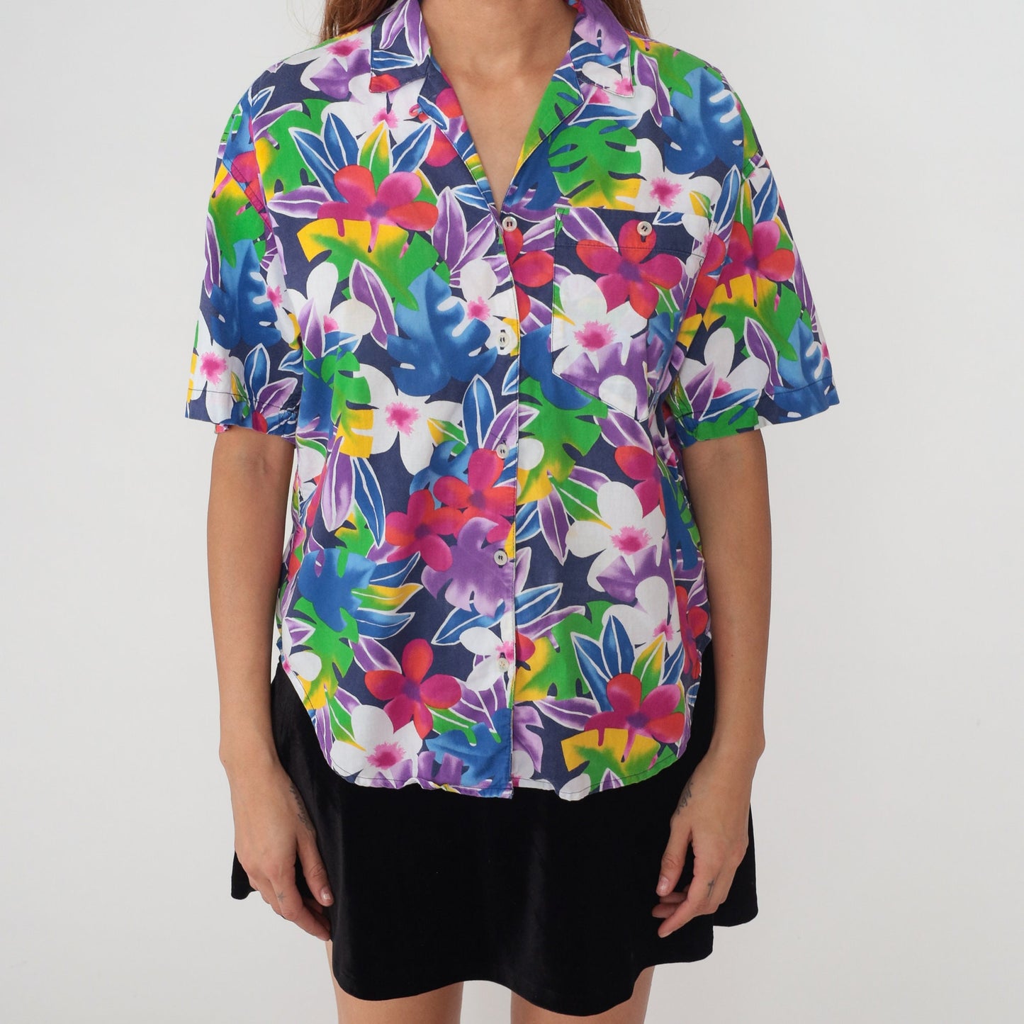 90s Liz Sport Tropical Floral Button-Up Shirt Plumeria Print Cotton Small