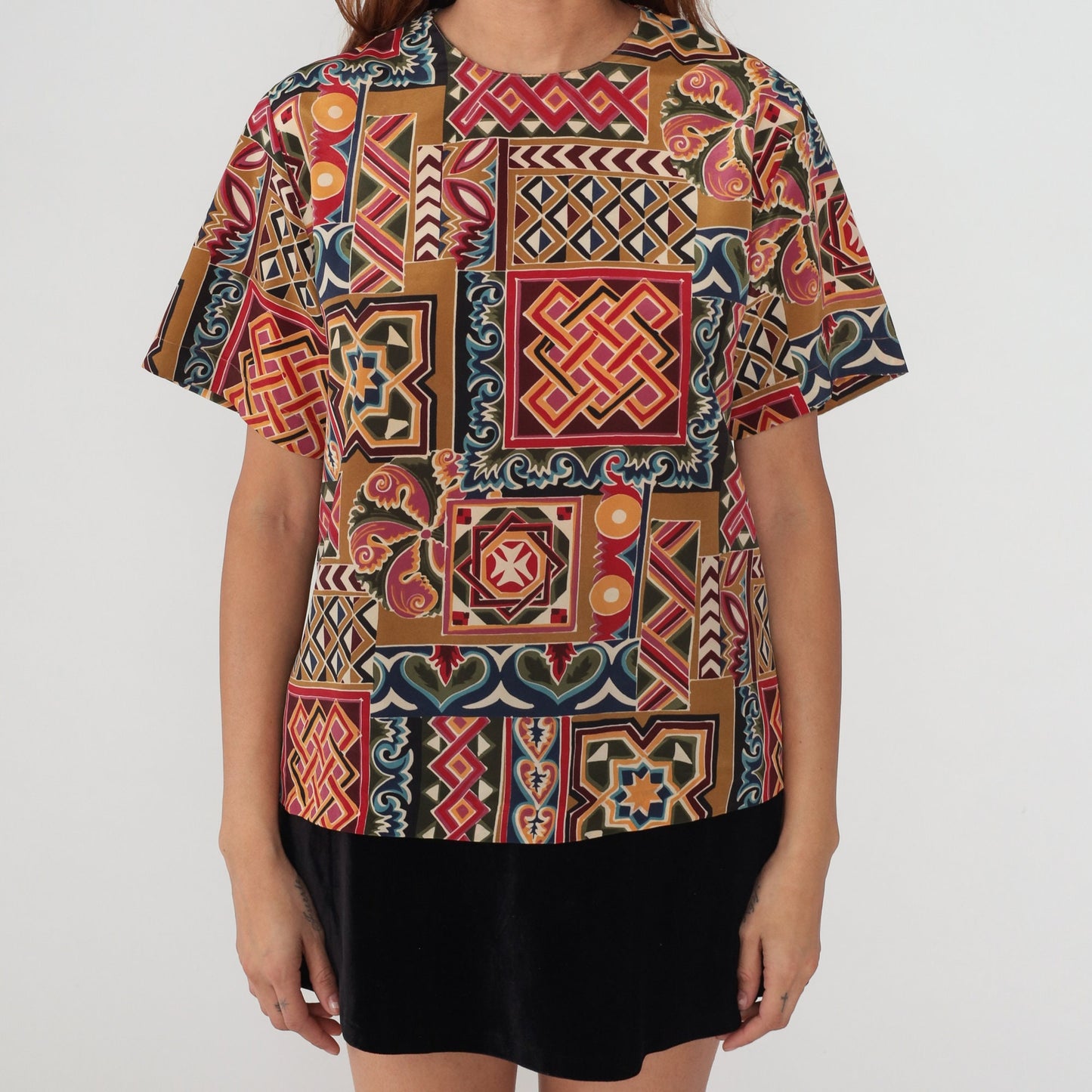 90s Geometric Abstract Print T-Shirt Heart Diamond Pattern Large