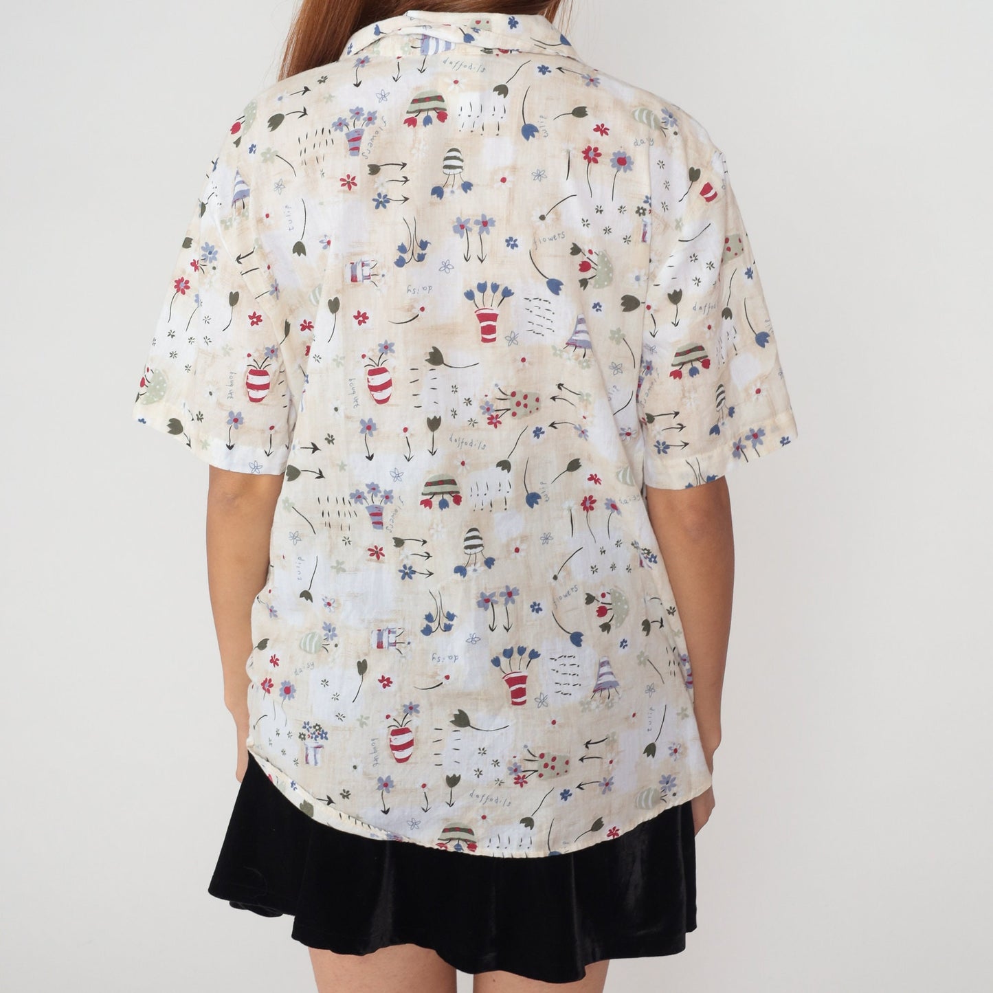 90s Floral Flowerpot Button-Up Blouse Beige Short Sleeve Collared Top Large L