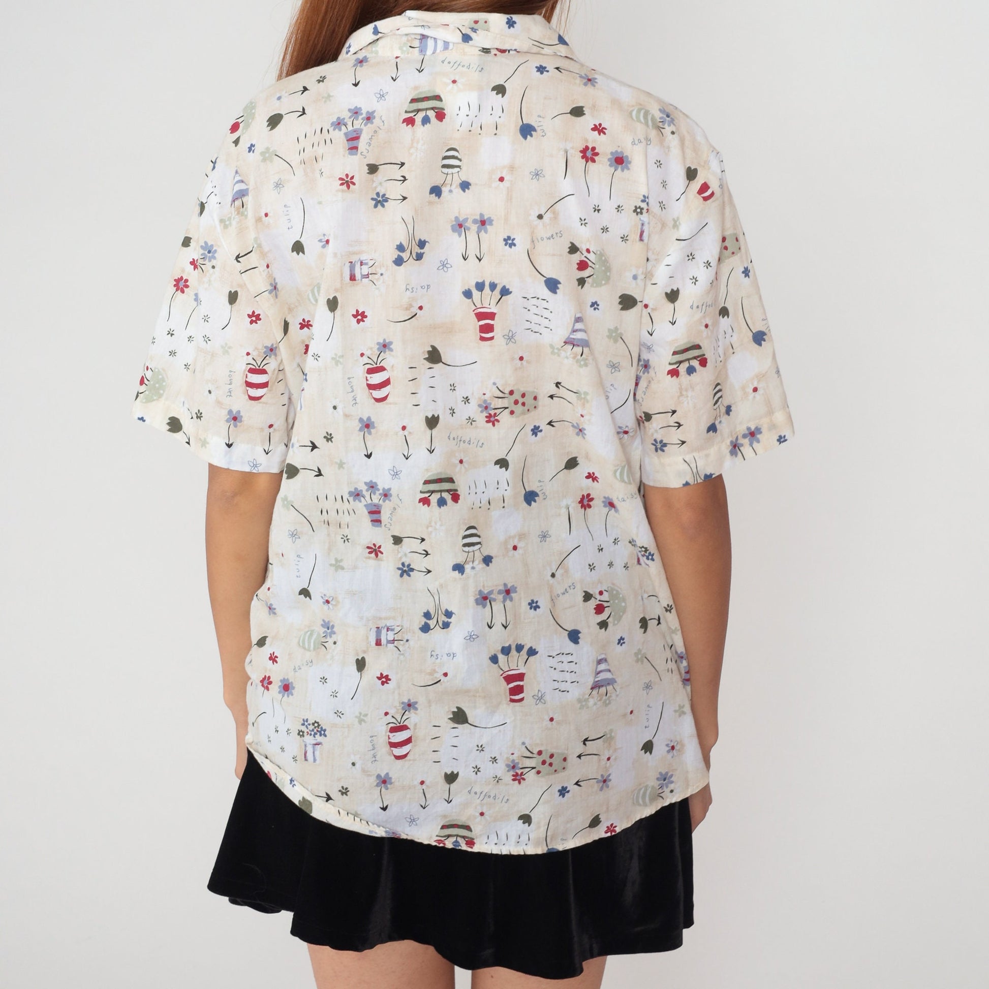 90s Floral Flowerpot Button-Up Blouse Beige Short Sleeve Collared Top Large L