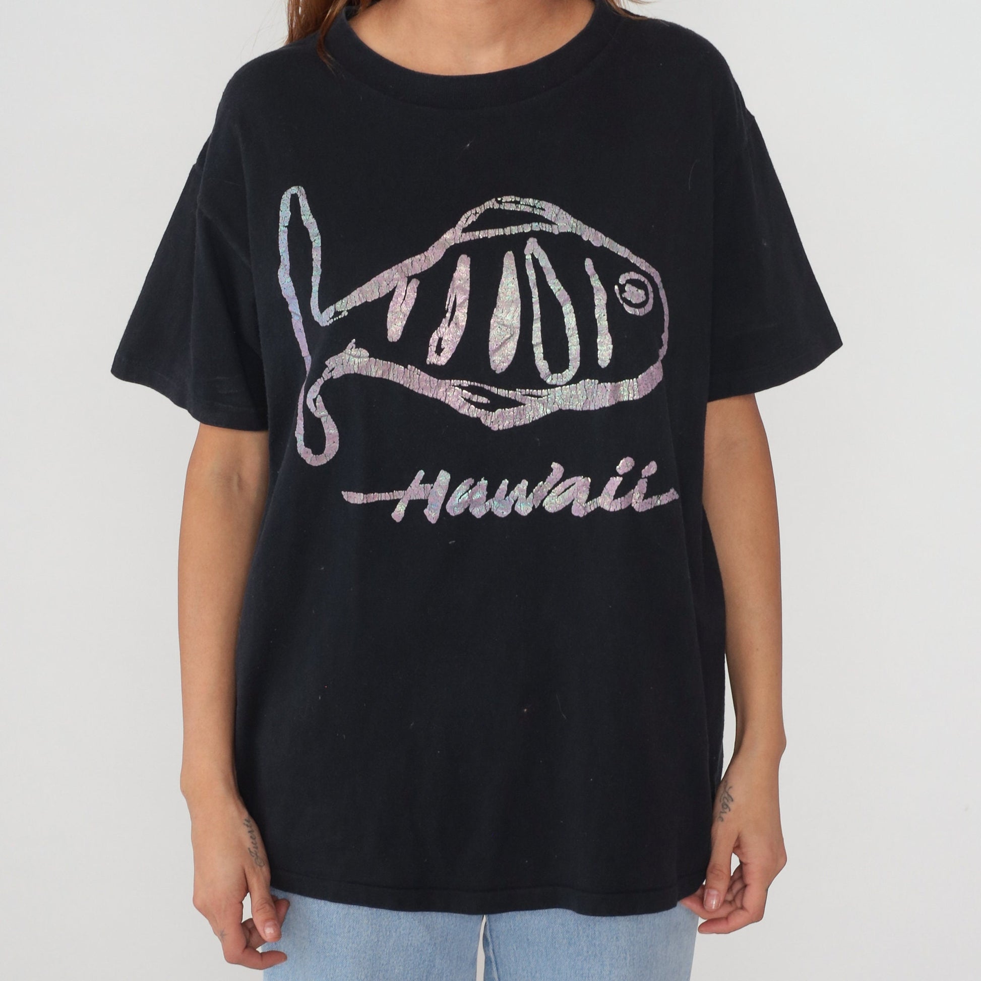 90s Hawaii Iridescent Fish Graphic T-Shirt Black Single Stitch Large L