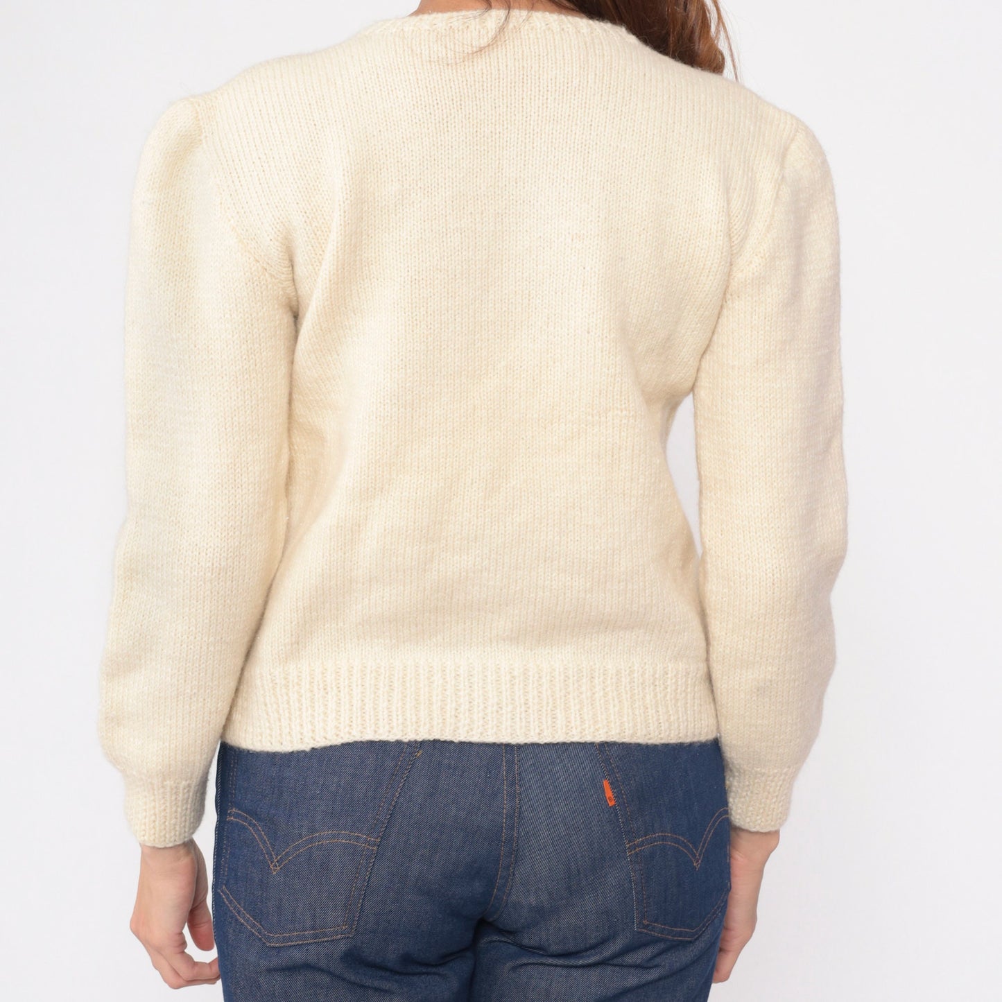 80s Cream Wool Teddy Bear Sweater Knit Pullover Small S