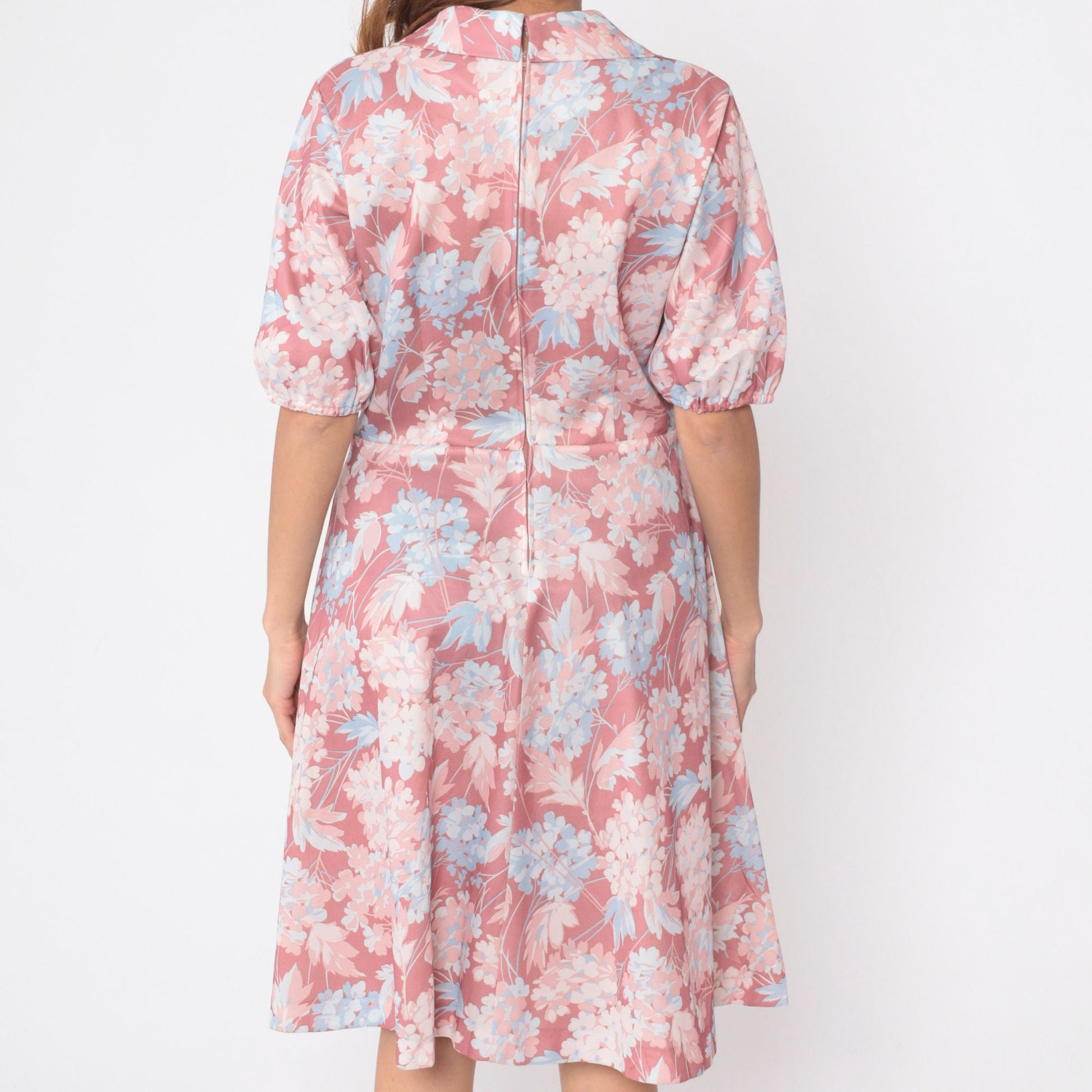 70s Pink Floral Midi Dress Puff Sleeve Collared Drawstring High Waist Medium Large