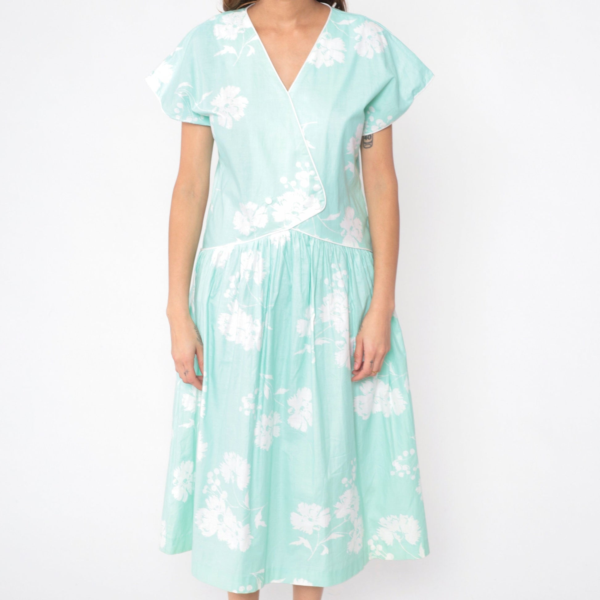 80s Mint Floral Midi Dress High Waisted Button Front Short Sleeve Medium