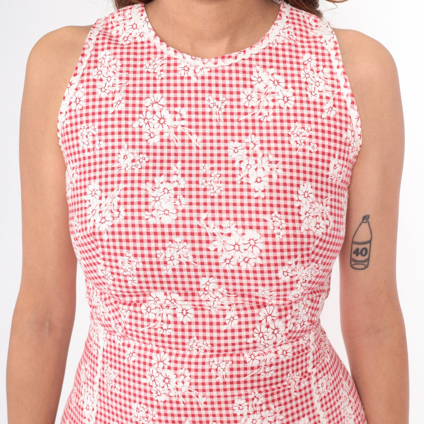 70s Gingham Floral Maxi Dress Red White Sleeveless Ric Rac Trim Extra Small
