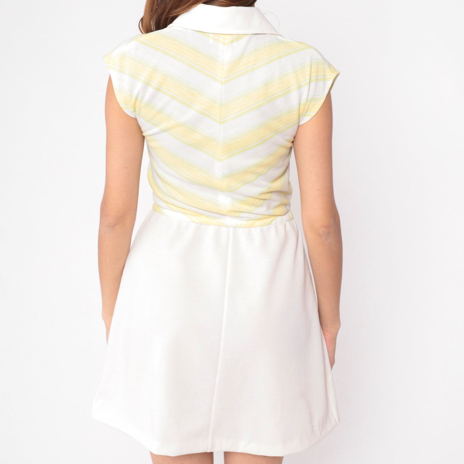 70s Chevron Striped Mini Dress Yellow White Collared Button-Up Small S