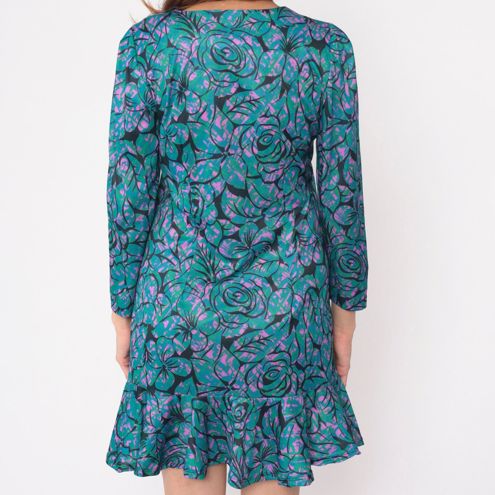 80s Floral Mini Dress Puff Sleeve Drop Waist Black Tropical Print Medium