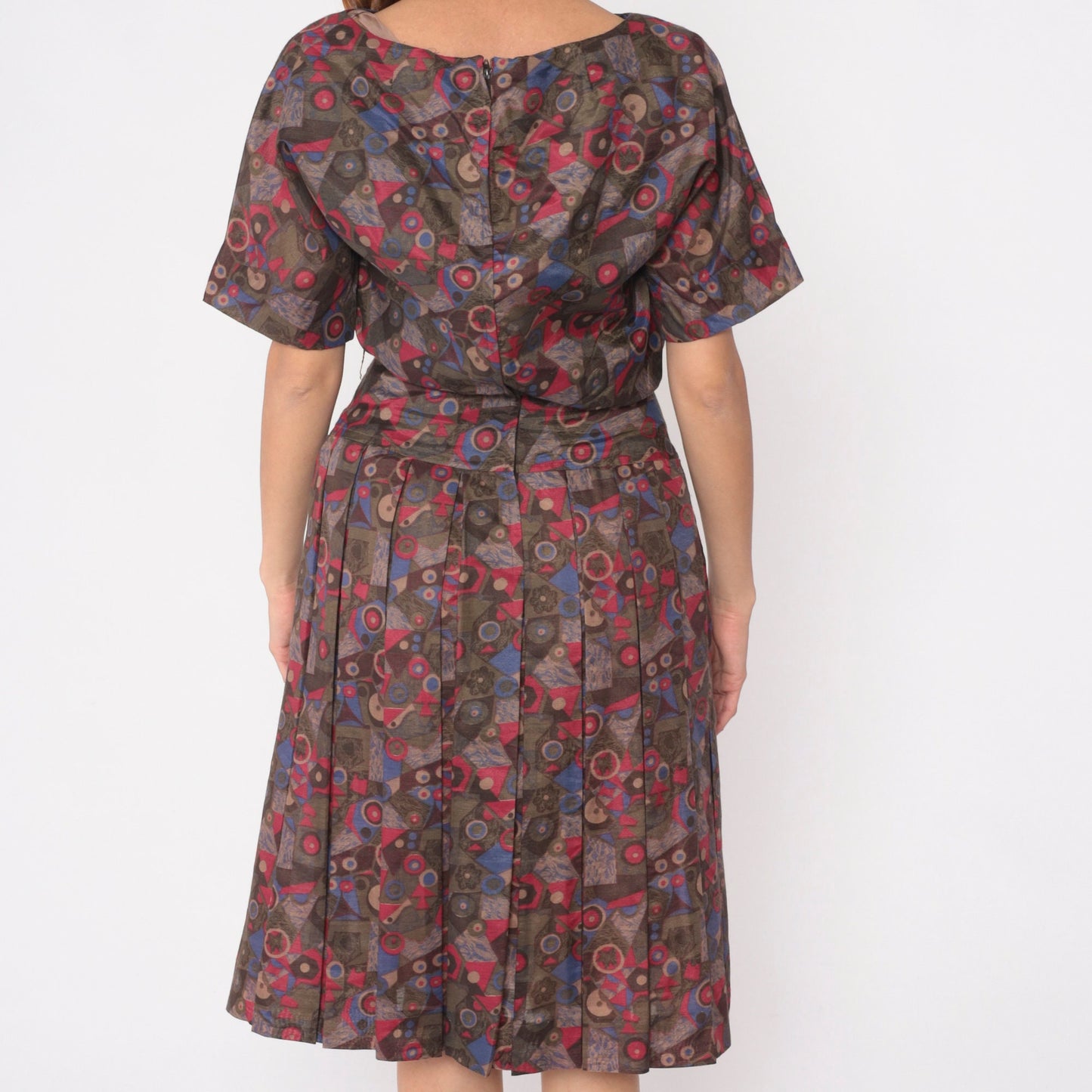 60s R&K Originals Geometric Floral Midi Dress High Waisted Pleated Cotton Medium