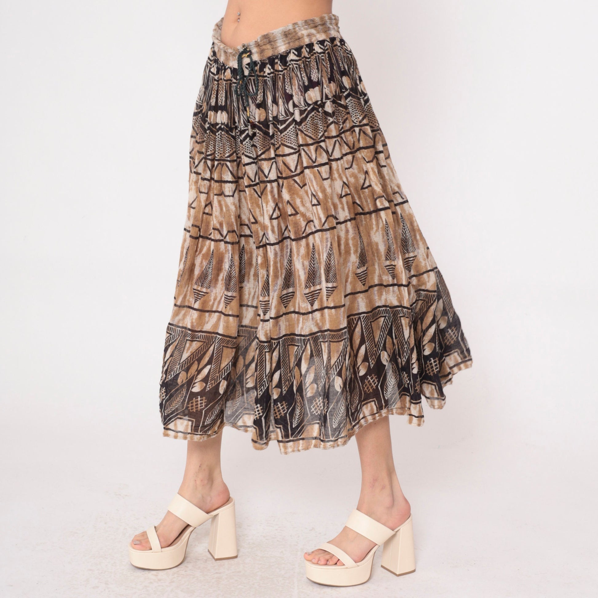 90s Geometric Leaf Print Broomstick Skirt Brown Midi Cotton Medium