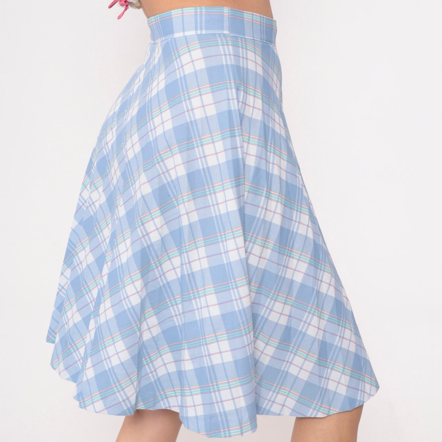 80s Sky Blue White Plaid Midi Skirt High Waist Pleated Small