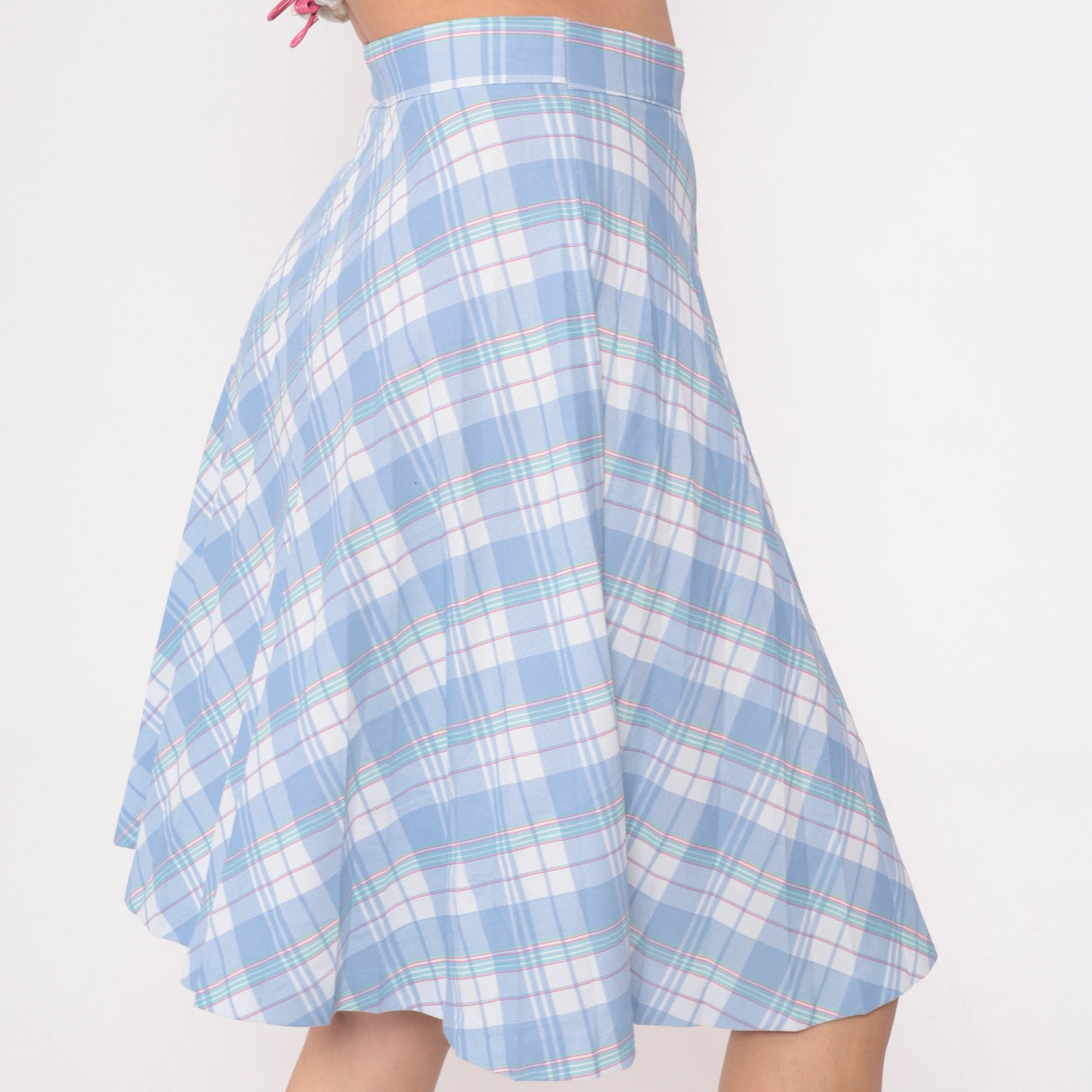 80s Sky Blue White Plaid Midi Skirt High Waist Pleated Small