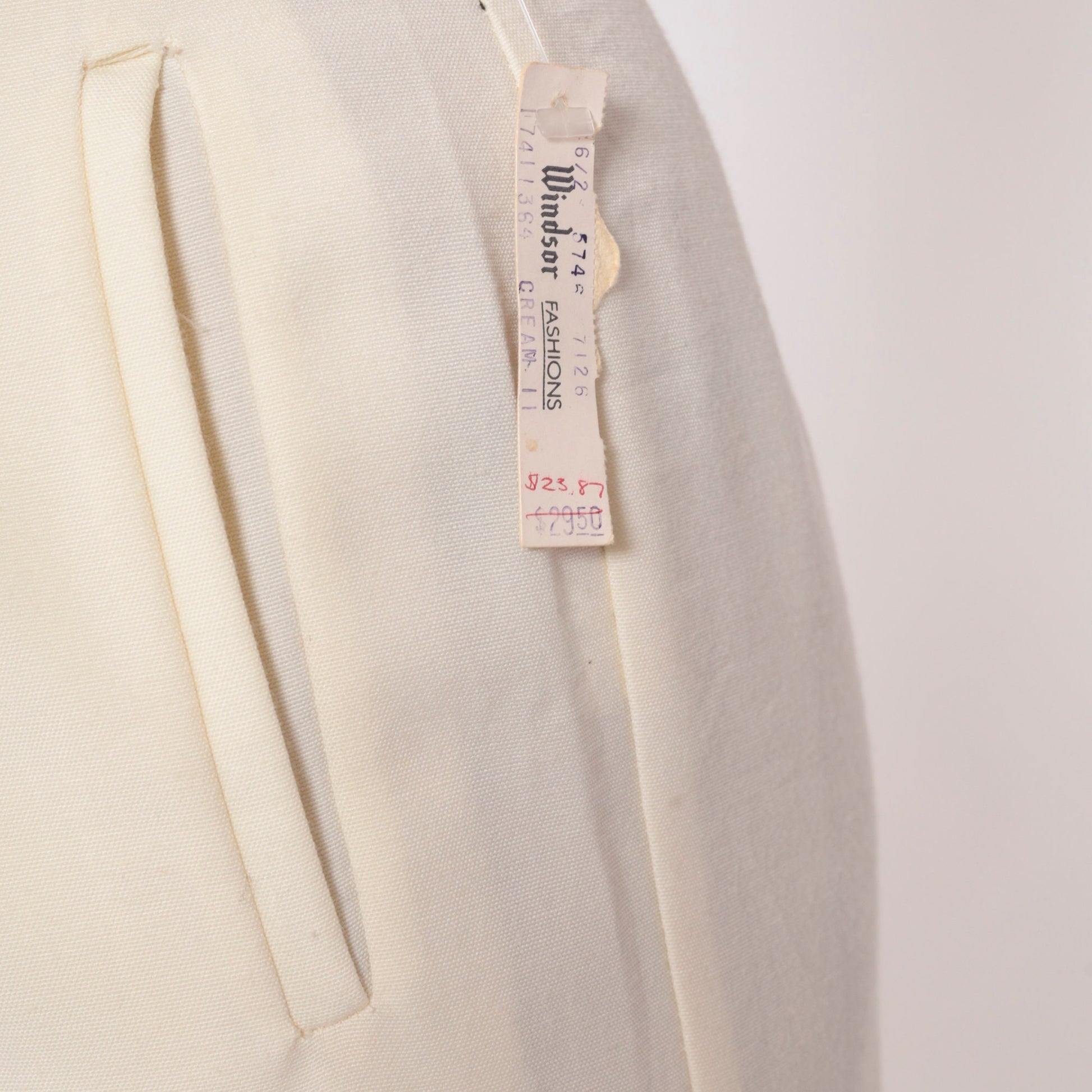 80s Cream High-Waisted Straight Leg Pants Pleated Welt Pockets Small S