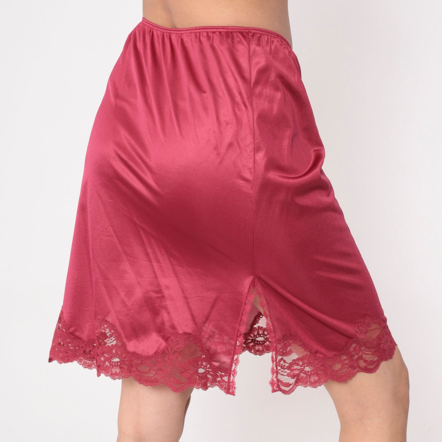 70s Raspberry Lace Slip Skirt High Waisted Front Slit Small Medium