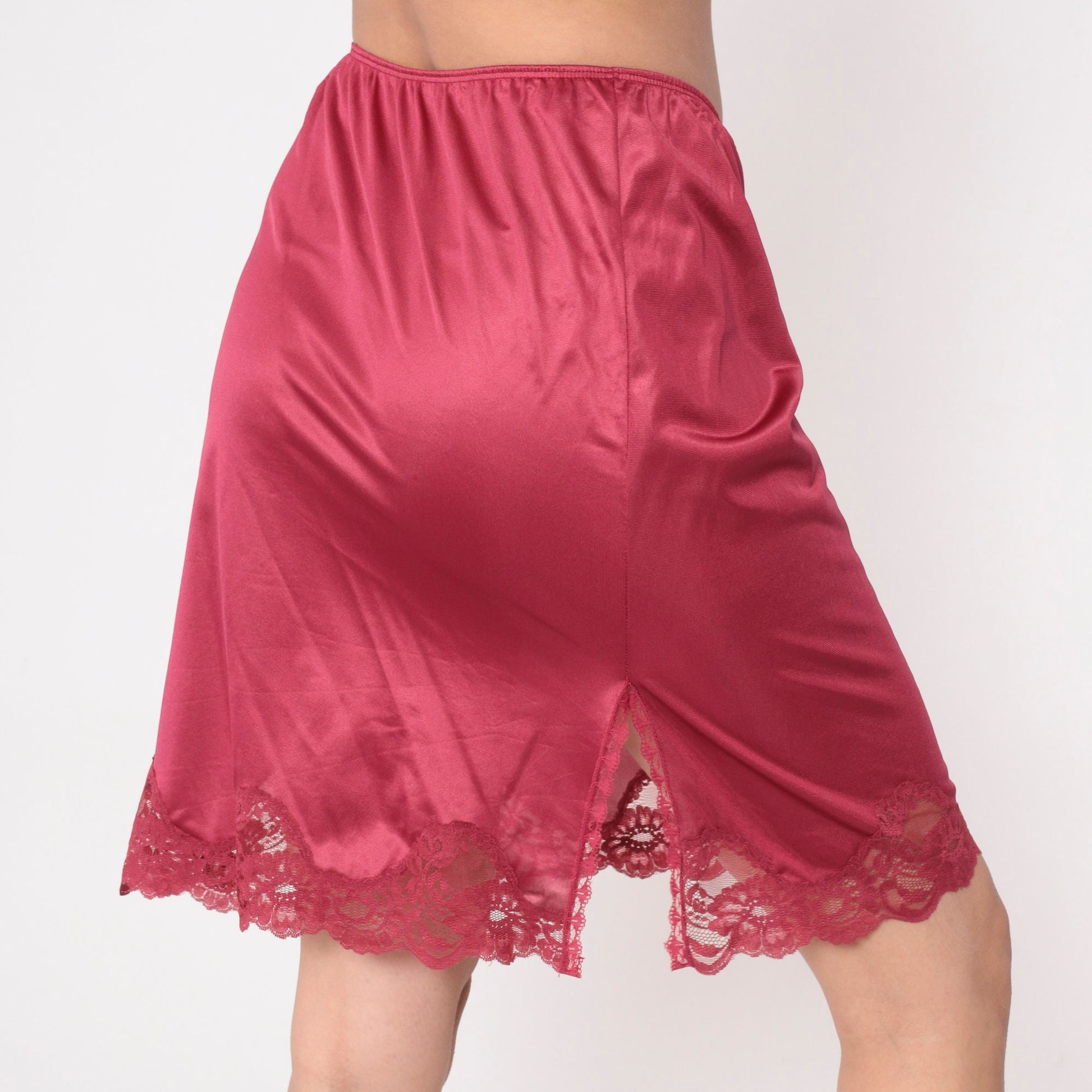 70s Raspberry Lace Slip Skirt High Waisted Front Slit Small Medium