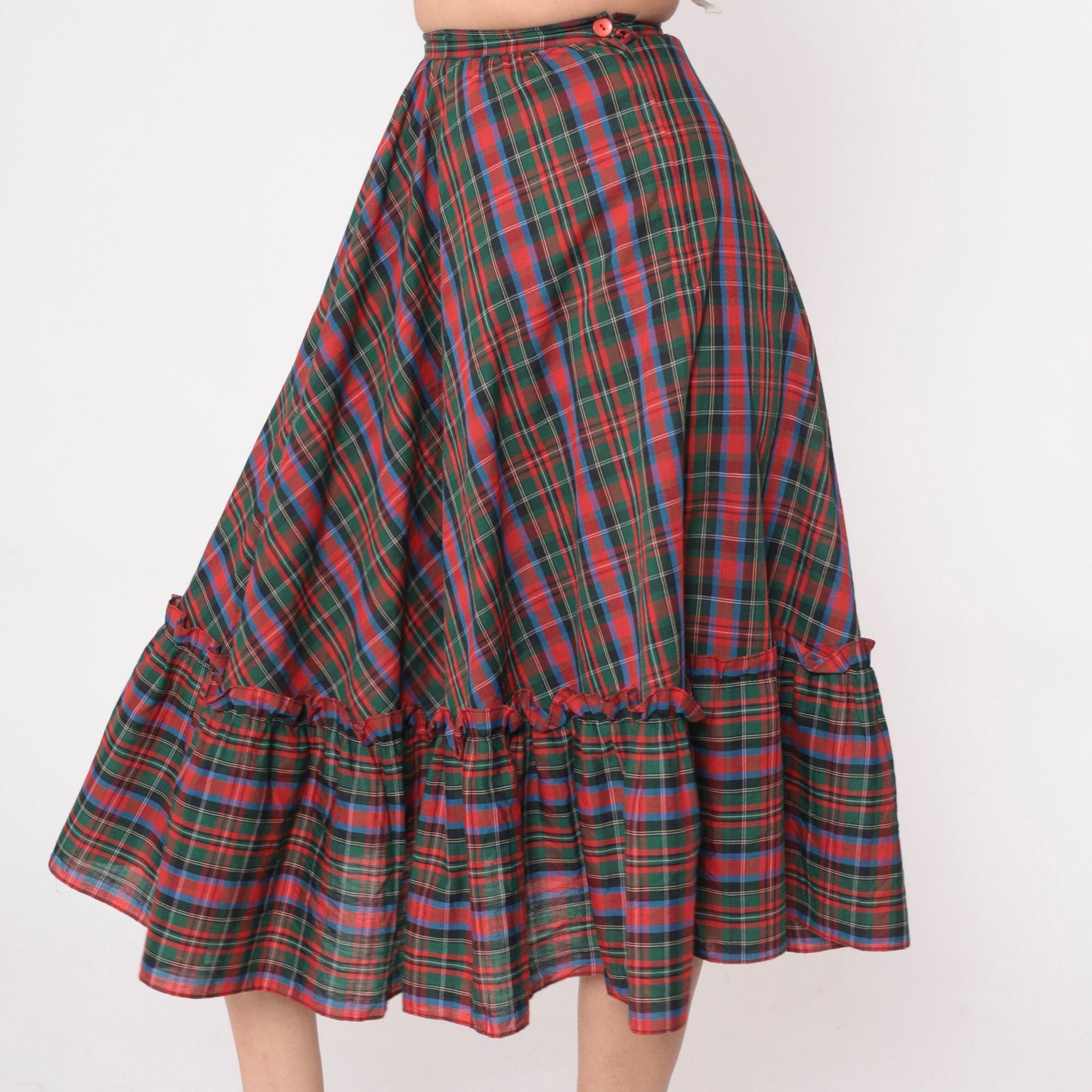 80s Plaid Midi Skirt Red Green Tartan High Waist Flounce Pocket Extra Small