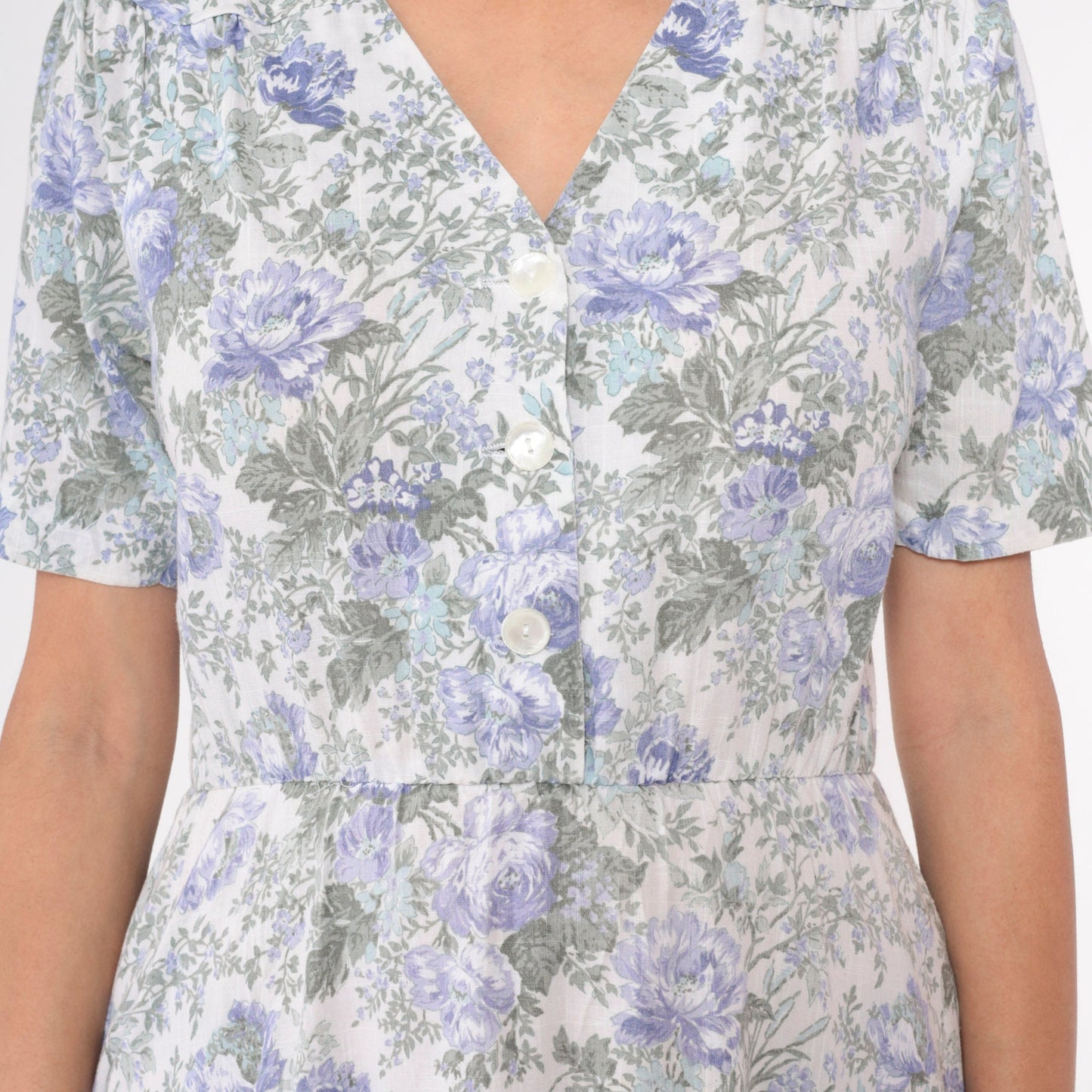 80s Stuart Alan Petites Floral Midi Dress Lavender Button-Up V-Neck Small