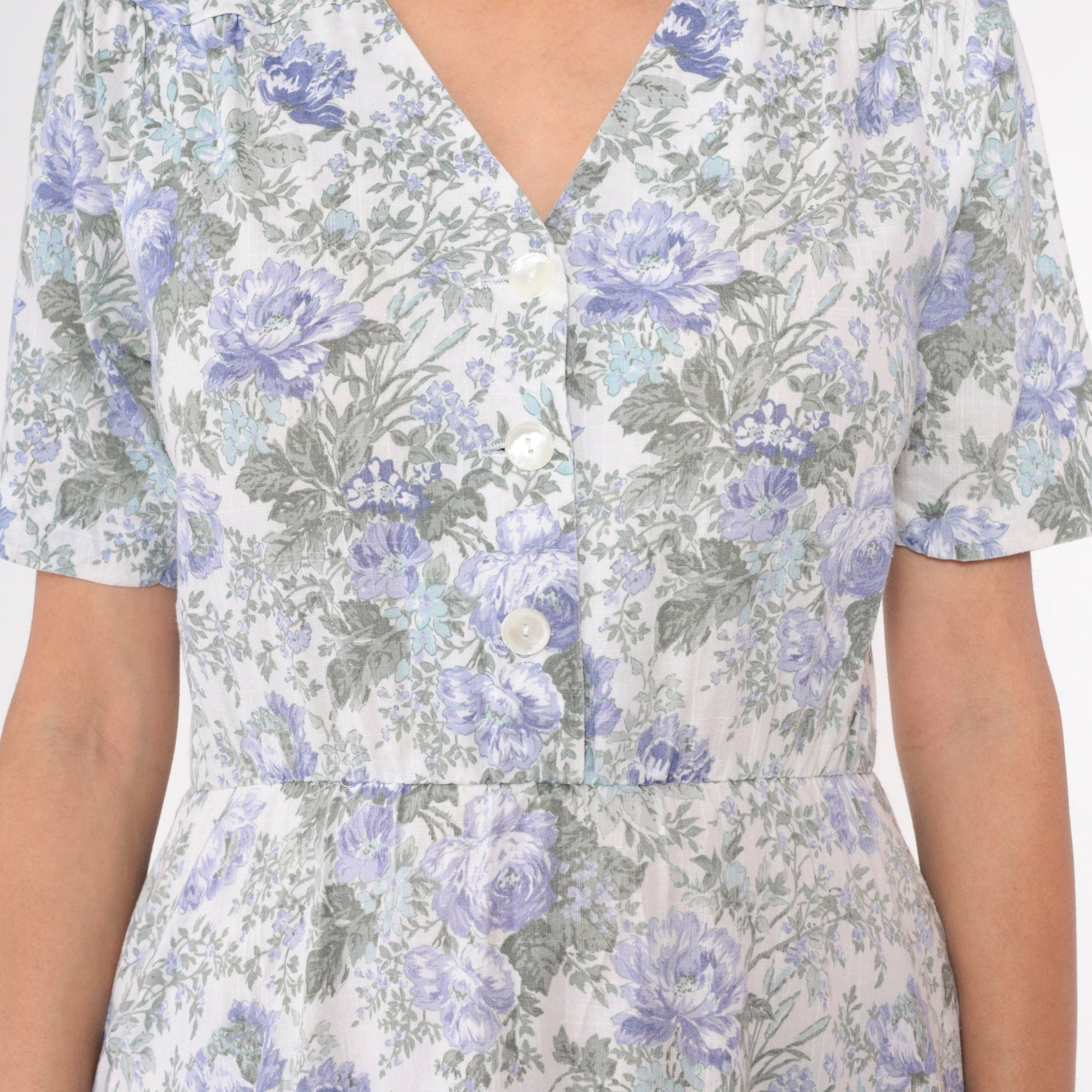 80s Stuart Alan Petites Floral Midi Dress Lavender Button-Up V-Neck Small