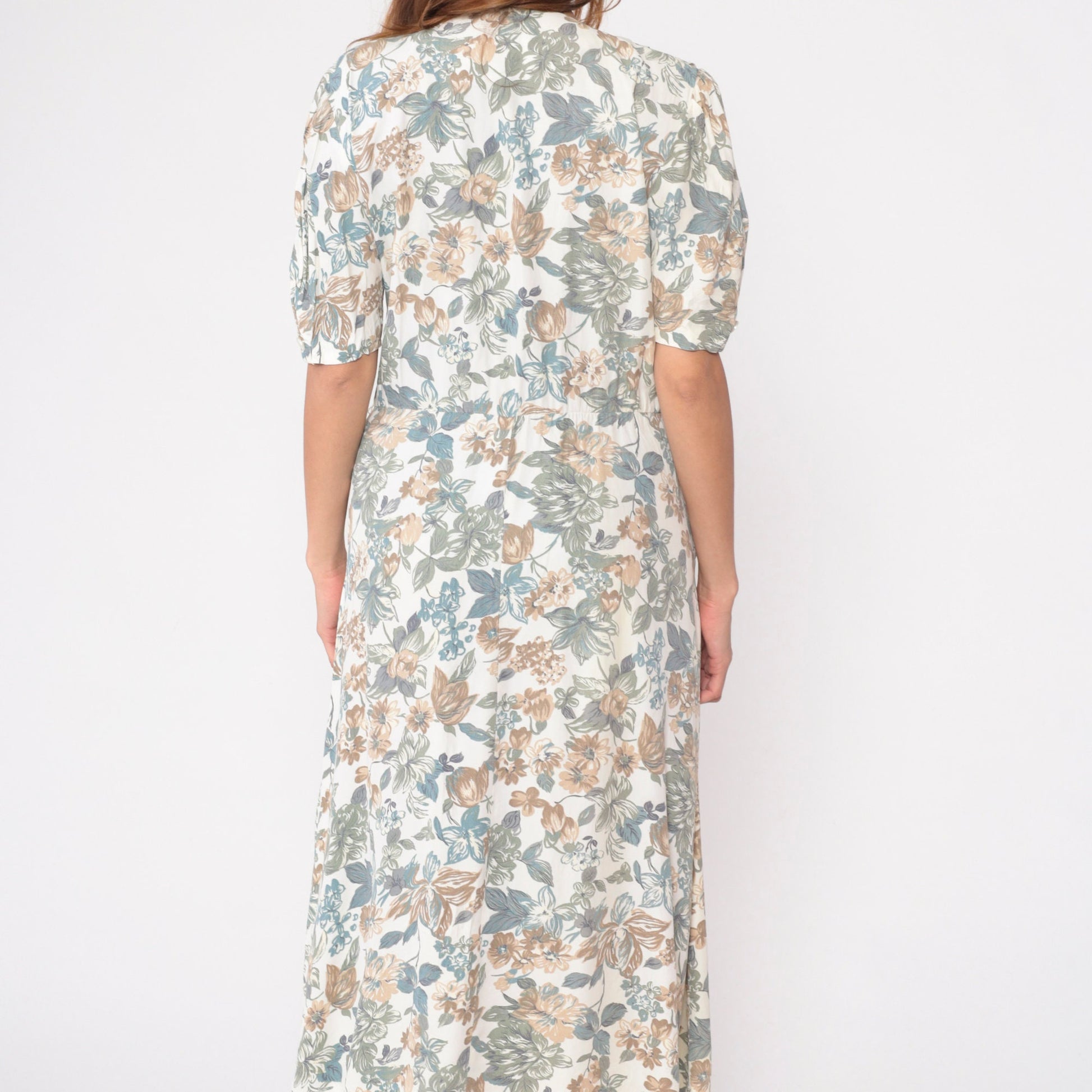 80s Floral Wrap Midi Dress White Puff Sleeve High Waist Pockets Medium