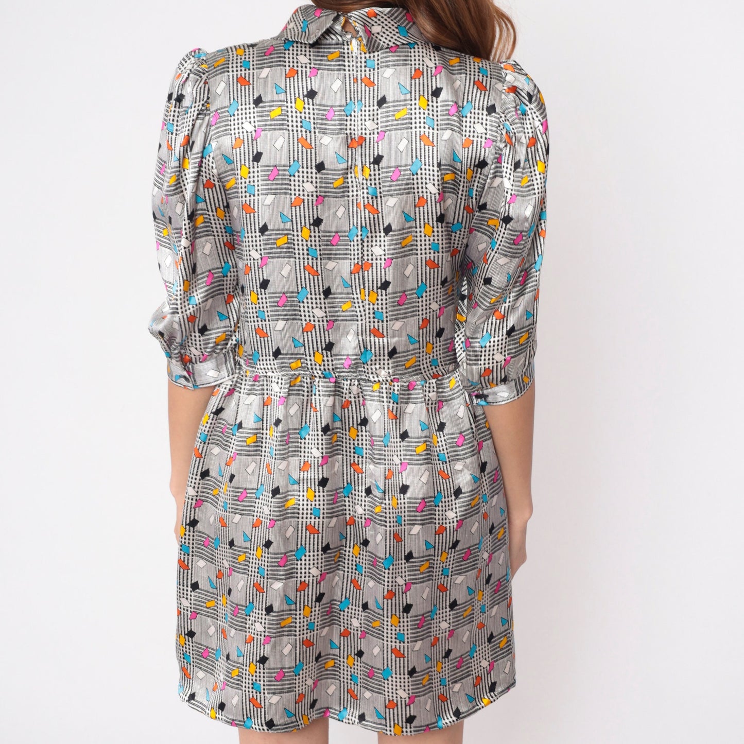 80s Charles Bianco Silk Mini Dress Black White Checkered Confetti Turtleneck Puff Sleeve Medium