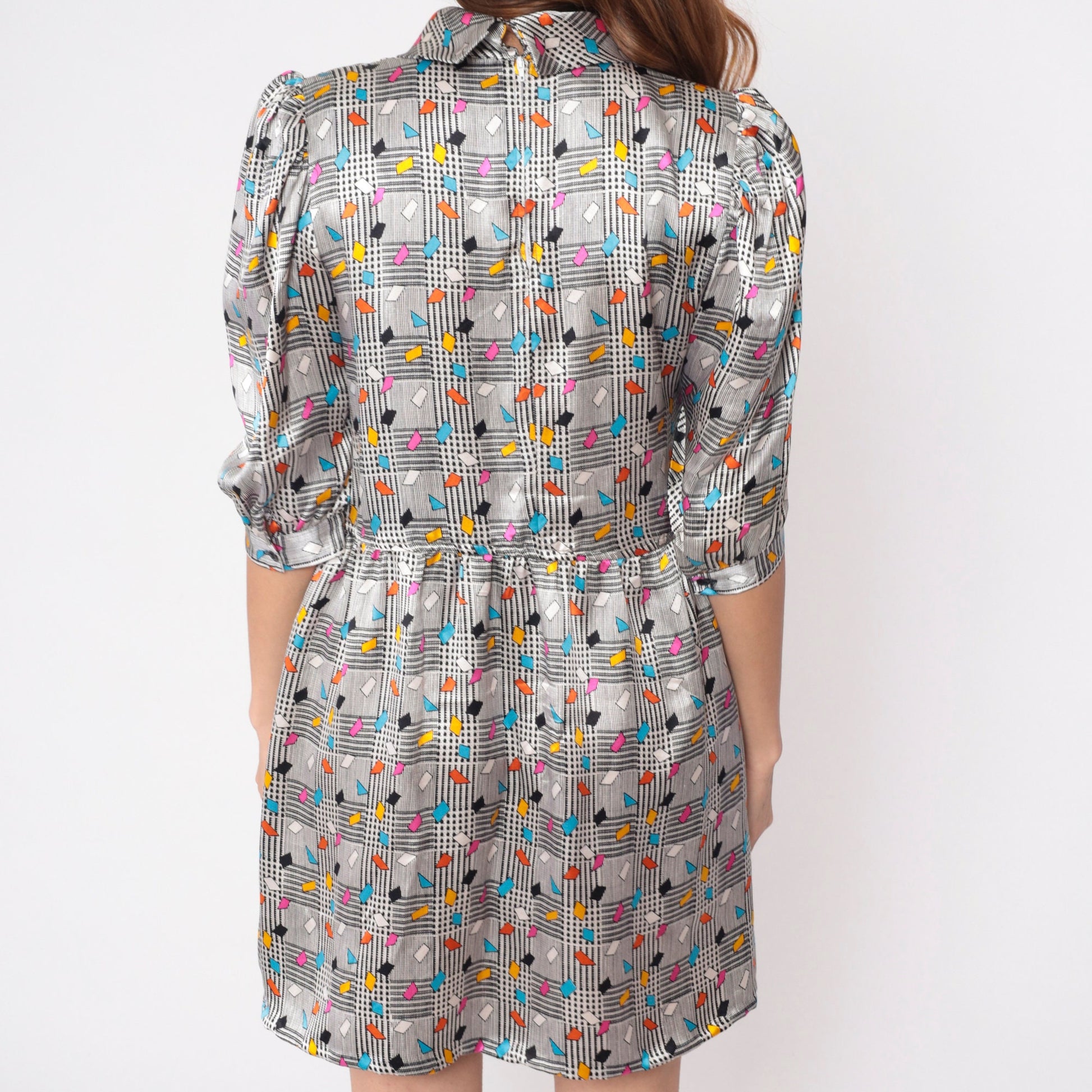 80s Charles Bianco Silk Mini Dress Black White Checkered Confetti Turtleneck Puff Sleeve Medium