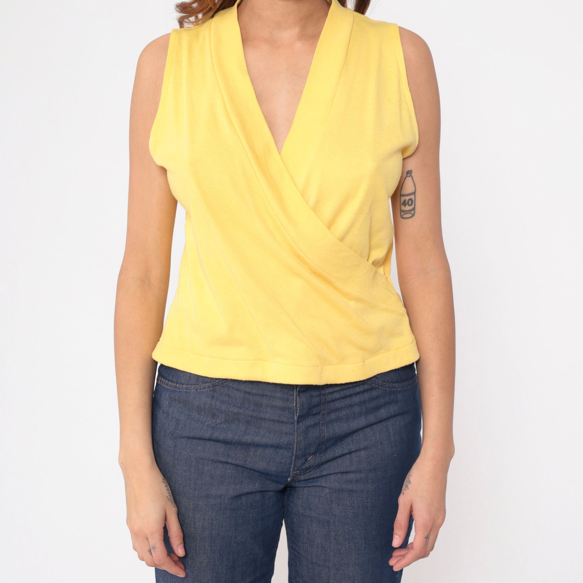 80s Yellow Surplice Tank Top Sleeveless Wrap Neckline Medium
