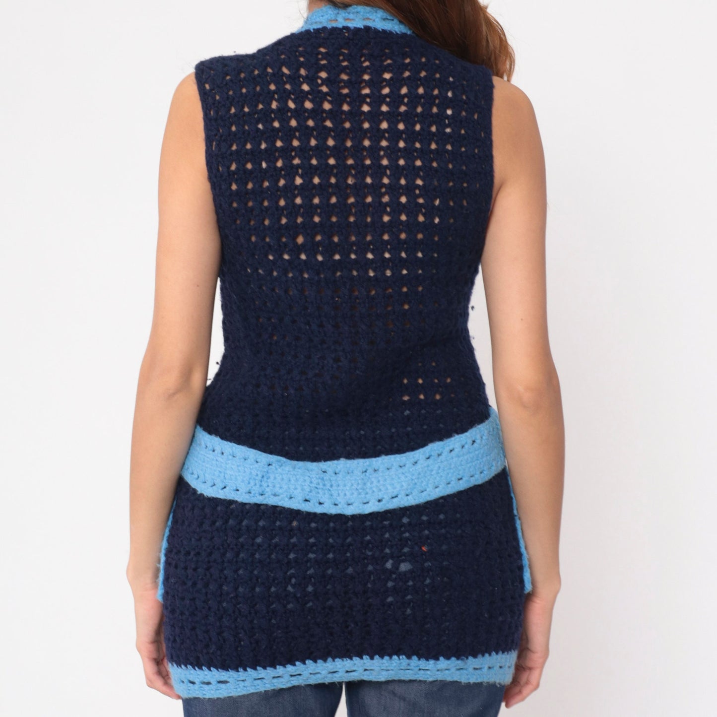 70s Navy Crochet Knit Vest Button-Up V-Neck Sheer Pockets Extra Small