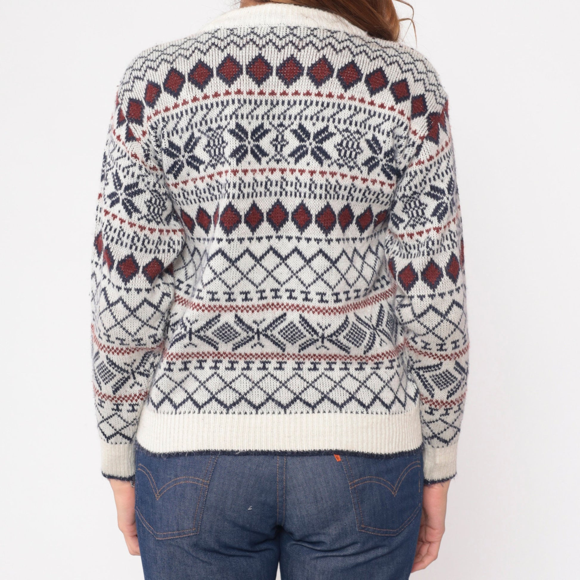 80s Fair Isle Snowflake Sweater White Navy Crewneck Pullover Extra Small