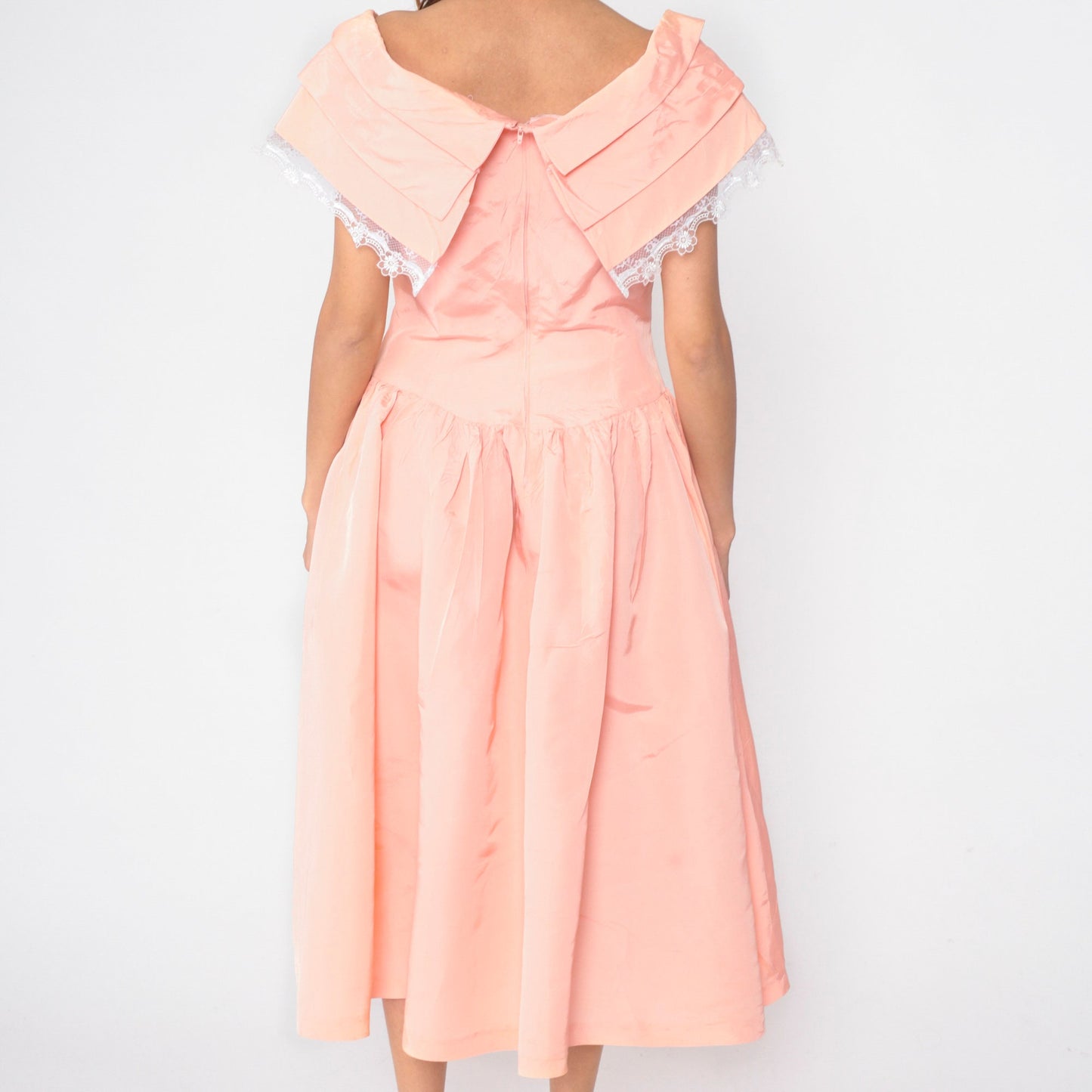 80s Peach Pink Taffeta Midi Dress Lace Trim Basque Waist Cap Sleeve Medium