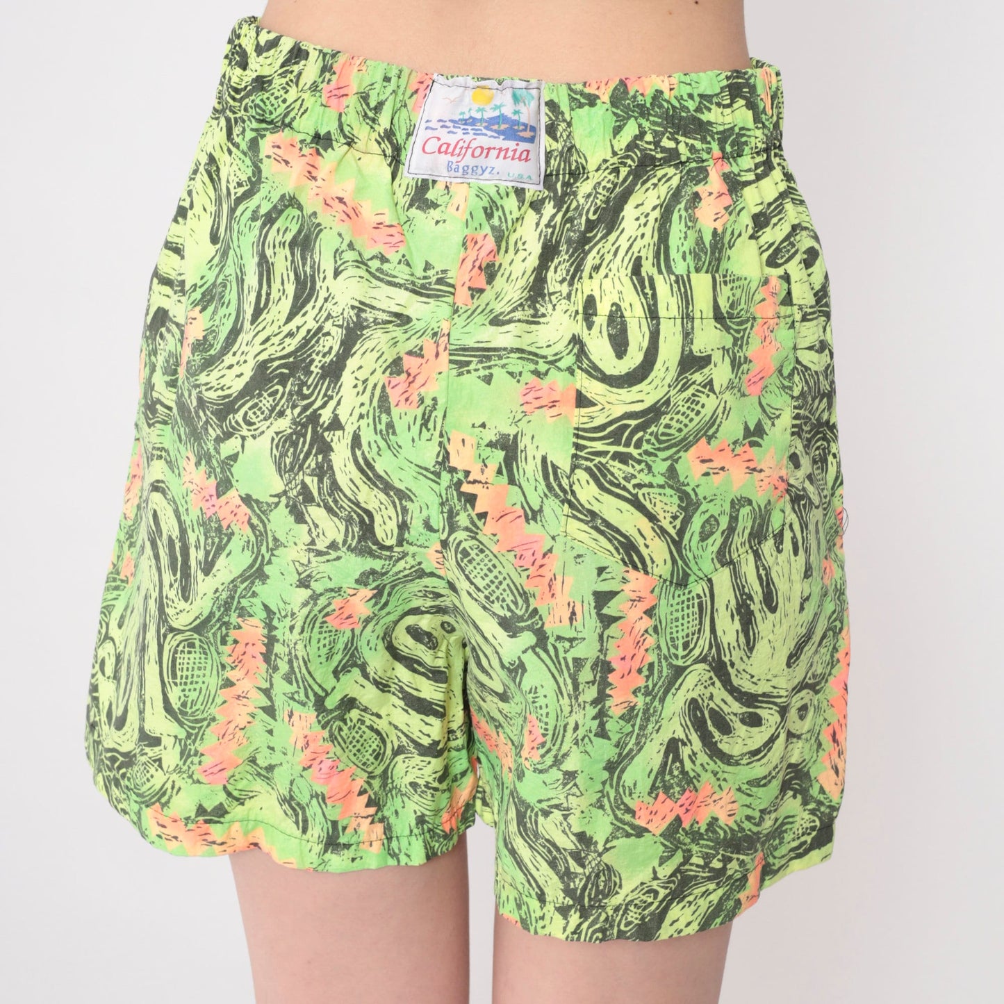 80s California Baggyz Neon Shorts Abstract Alien Print High Waist Medium
