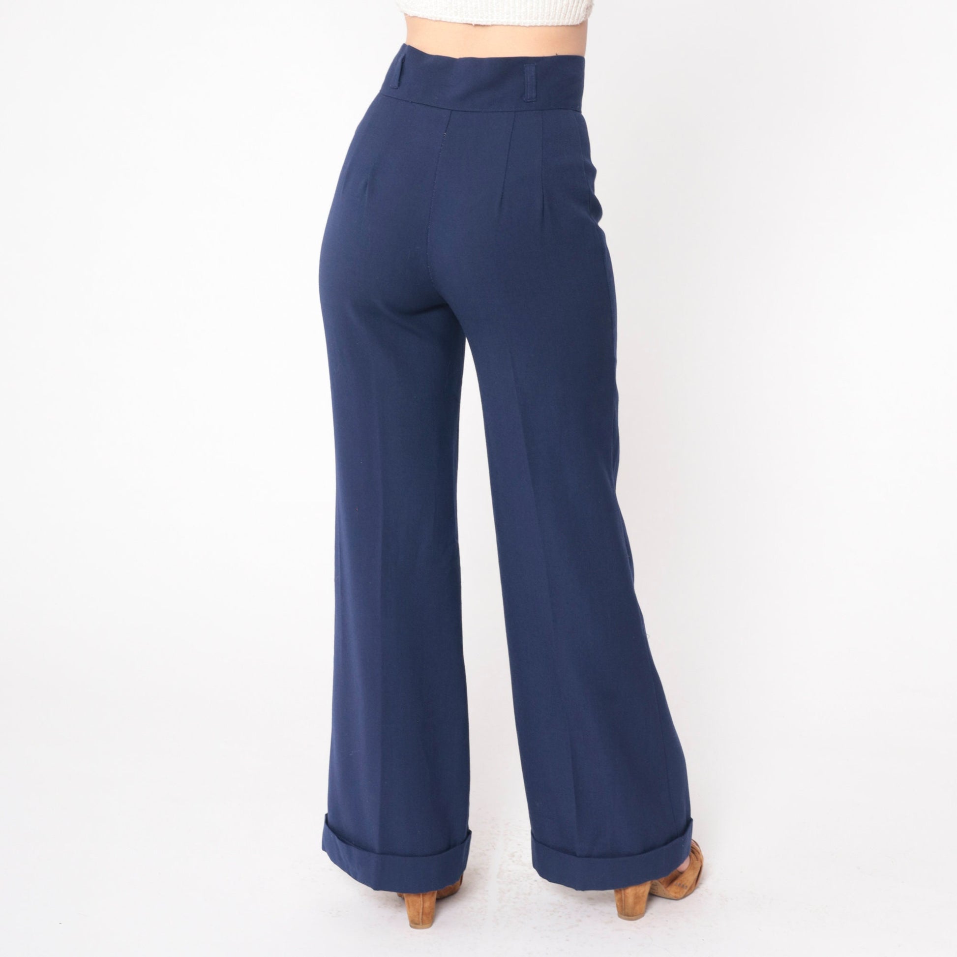 70s Navy Bell Bottom Trousers High Waist Cuffed Creased Slacks Small