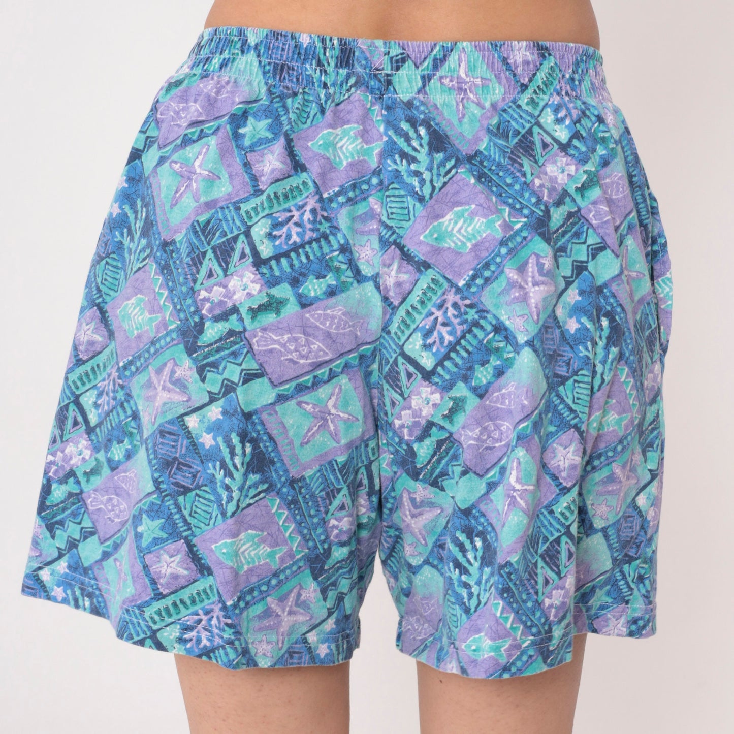 90s Tropical Fish Starfish Geometric Shorts High Waist Cotton Blue Purple Medium