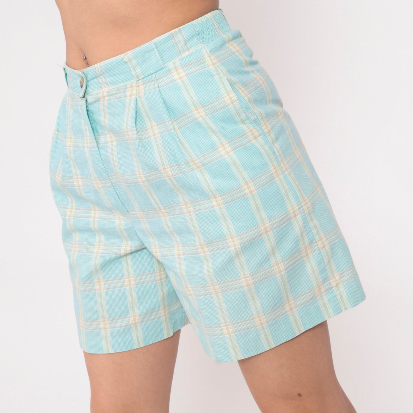 90s Plaid High-Waisted Shorts Aqua Blue Yellow Pleated Cotton Medium