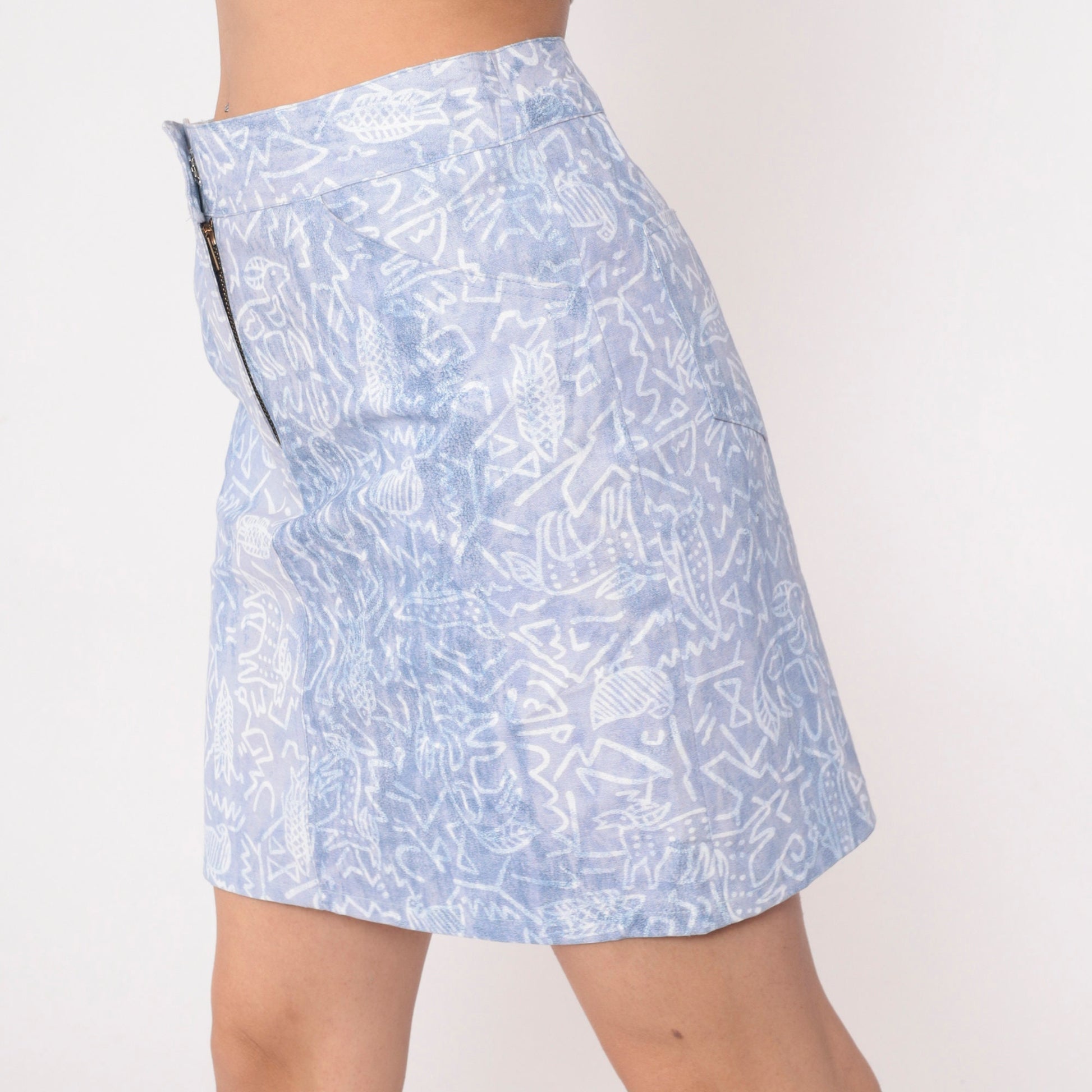 90s Petroglyph Animal Print Mini Skirt Blue High Waisted Medium
