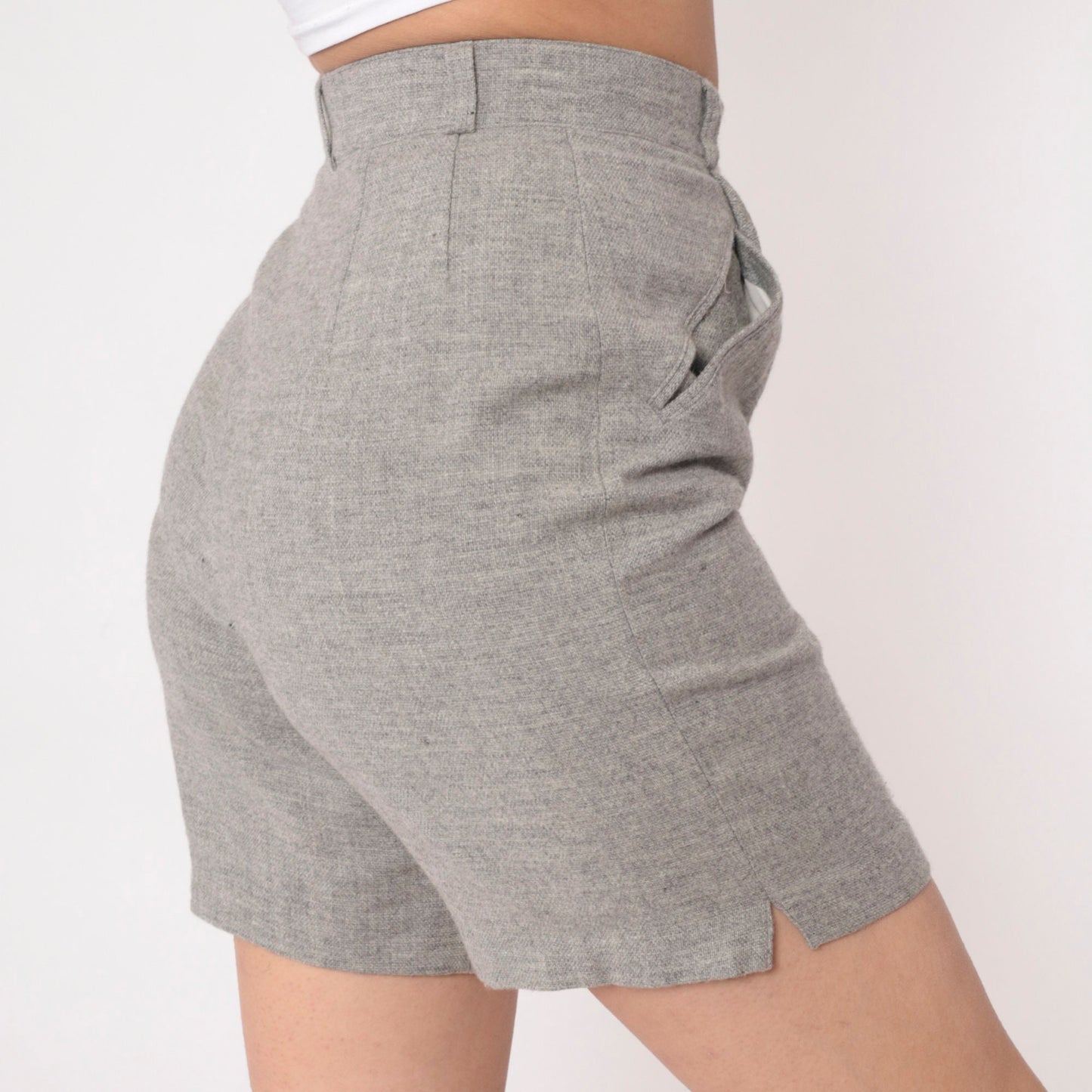 80s Heathered Grey Wool High-Waisted Shorts Welt Pockets Small 4
