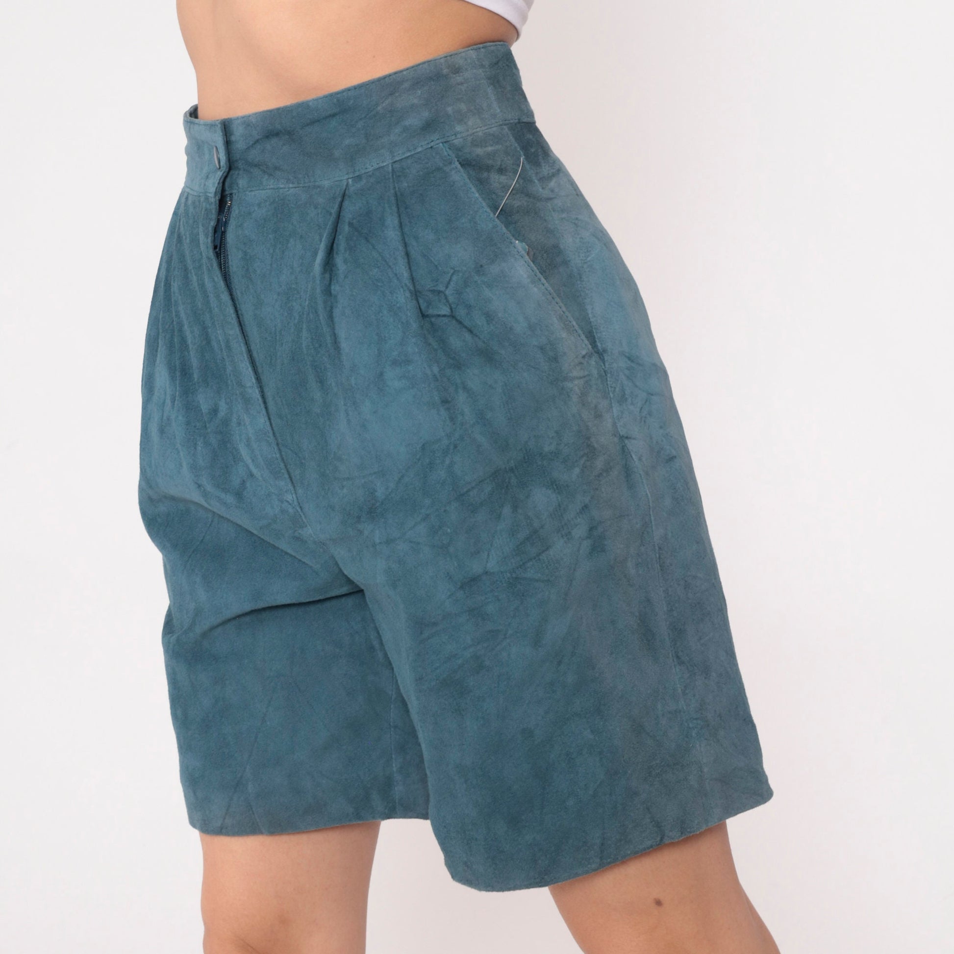 80s Blue Suede High-Waisted Shorts Pleated Front Small